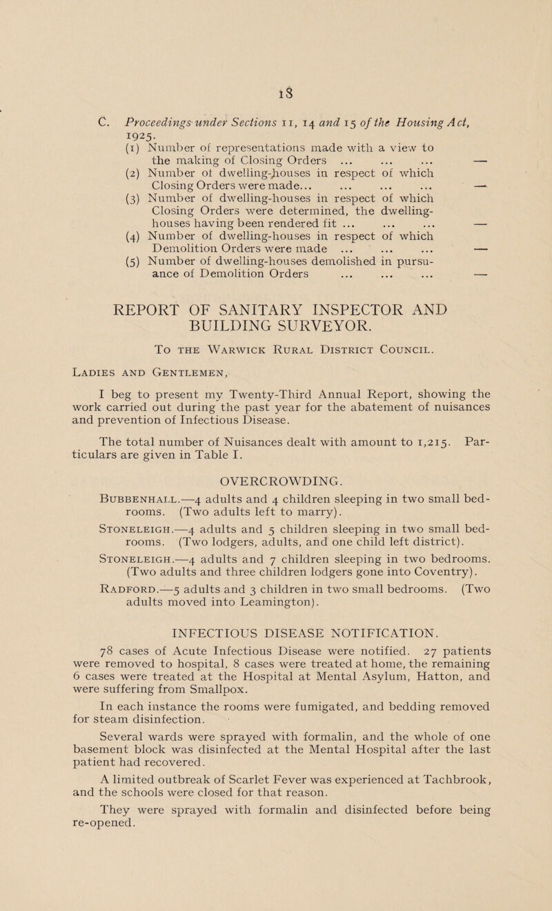 C. Proceedings-under Sections n, 14 and 15 of the Housing Act, 1925. (1) Number of representations made with a view to the making of Closing Orders (2) Number of dwelling-houses in respect of which Closing Orders were made... (3) Number of dwelling-houses in respect of which Closing Orders were determined, the dwelling- houses having been rendered fit ... (4) Number of dwelling-houses in respect of which Demolition Orders were made (5) Number of dwelling-houses demolished in pursu¬ ance of Demolition Orders REPORT OF SANITARY INSPECTOR AND BUILDING SURVEYOR. To the Warwick Rural District Council. Ladies and Gentlemen, I beg to present my Twenty-Third Annual Report, showing the work carried out during the past year for the abatement of nuisances and prevention of Infectious Disease. The total number of Nuisances dealt with amount to 1,215. Par¬ ticulars are given in Table I. OVERCROWDING. Bubbenhai.l.—4 adults and 4 children sleeping in two small bed¬ rooms. (Two adults left to marry). Stoneleigh.—4 adults and 5 children sleeping in two small bed¬ rooms. (Two lodgers, adults, and one child left district). Stoneleigh.—4 adults and 7 children sleeping in two bedrooms. (Two adults and three children lodgers gone into Coventry). Radford.—5 adults and 3 children in two small bedrooms. (Two adults moved into Leamington). INFECTIOUS DISEASE NOTIFICATION. 78 cases of Acute Infectious Disease were notified. 27 patients were removed to hospital, 8 cases were treated at home, the remaining 6 cases were treated at the Hospital at Mental Asylum, Hatton, and were suffering from Smallpox. In each instance the rooms were fumigated, and bedding removed for steam disinfection. Several wards were sprayed with formalin, and the whole of one basement block was disinfected at the Mental Hospital after the last patient had recovered. A limited outbreak of Scarlet Fever was experienced at Tachbrook, and the schools were closed for that reason. They were sprayed with formalin and disinfected before being re-opened.