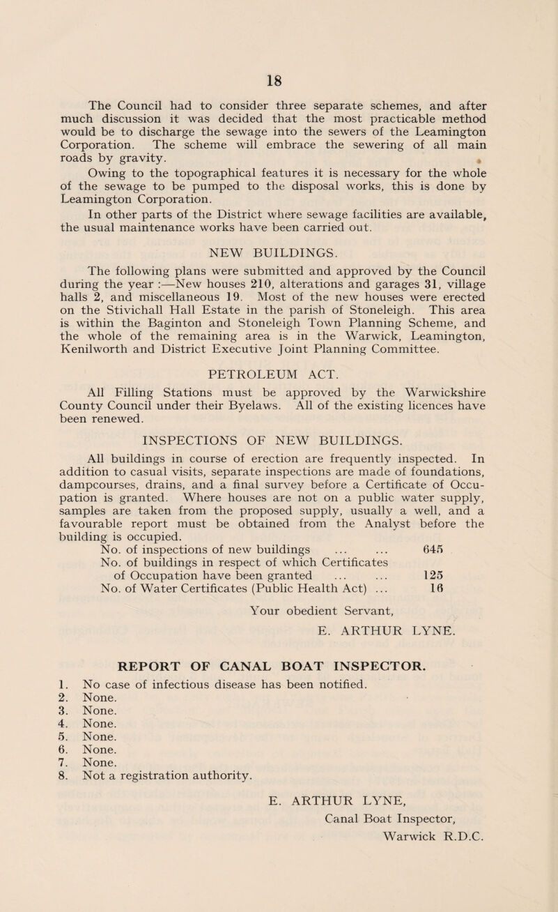 The Council had to consider three separate schemes, and after much discussion it was decided that the most practicable method would be to discharge the sewage into the sewers of the Leamington Corporation. The scheme will embrace the sewering of all main roads by gravity. Owing to the topographical features it is necessary for the whole of the sewage to be pumped to the disposal works, this is done by Leamington Corporation. In other parts of the District where sewage facilities are available, the usual maintenance works have been carried out. NEW BUILDINGS. The following plans were submitted and approved by the Council during the year :—New houses 210, alterations and garages 31, village halls 2, and miscellaneous 19. Most of the new houses were erected on the Stivichall Hall Estate in the parish of Stoneleigh. This area is within the Baginton and Stoneleigh Town Planning Scheme, and the whole of the remaining area is in the Warwick, Leamington, Kenilworth and District Executive Joint Planning Committee. PETROLEUM ACT. All Filling Stations must be approved by the Warwickshire County Council under their Byelaws. All of the existing licences have been renewed. INSPECTIONS OF NEW BUILDINGS. All buildings in course of erection are frequently inspected. In addition to casual visits, separate inspections are made of foundations, dampcourses, drains, and a final survey before a Certificate of Occu¬ pation is granted. Where houses are not on a public water supply, samples are taken from the proposed supply, usually a well, and a favourable report must be obtained from the Analyst before the building is occupied. No. of inspections of new buildings ... ... 645 No. of buildings in respect of which Certificates of Occupation have been granted ... ... 125 No. of Water Certificates (Public Health Act) ... 16 Your obedient Servant, E. ARTHUR LYNE. REPORT OF CANAL BOAT INSPECTOR. 1. No case of infectious disease has been notified. 2. None. 3. None. 4. None. 5. None. 6. None. 7. None. 8. Not a registration authority. E. ARTHUR LYNE, Canal Boat Inspector, Warwick R.D.C.