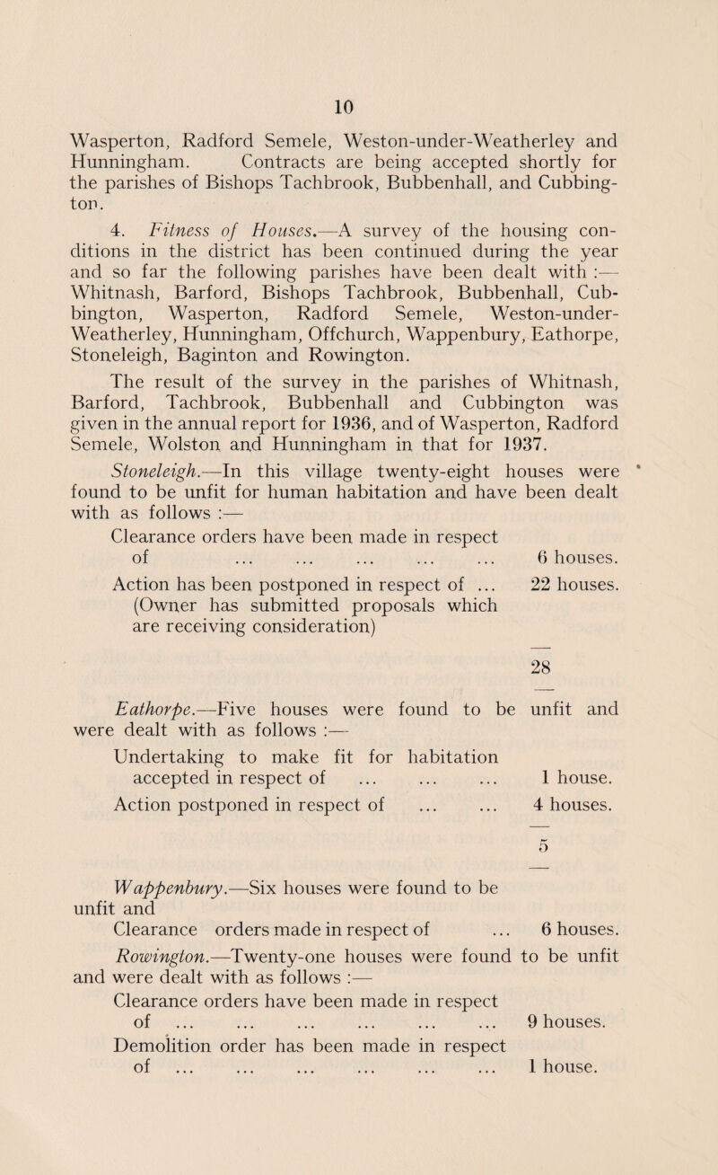 Wasperton, Radford Semele, Weston-under-Weatherley and Hunningham. Contracts are being accepted shortly for the parishes of Bishops Tachbrook, Bubbenhall, and Cubbing- ton. 4. Fitness of Houses.—A survey of the housing con¬ ditions in the district has been continued during the year and so far the following parishes have been dealt with :— Whitnash, Barford, Bishops Tachbrook, Bubbenhall, Cub- bington, Wasperton, Radford Semele, Weston-under- Weatherley, Hunningham, Offchurch, Wappenbury, Eathorpe, Stoneleigh, Baginton and Rowington. The result of the survey in the parishes of Whitnash, Barford, Tachbrook, Bubbenhall and Cubbington was given in the annual report for 1936, and of Wasperton, Radford Semele, Wolston and Hunningham in that for 1937. Stoneleigh.—In this village twenty-eight houses were * found to be unfit for human habitation and have been dealt with as follows :— Clearance orders have been made in respect of ... ... ... ... ... 6 houses. Action has been postponed in respect of ... 22 houses. (Owner has submitted proposals which are receiving consideration) 28 Eathorpe.—Five houses were found to be unfit and were dealt with as follows :— Undertaking to make fit for habitation accepted in respect of ... ... ... 1 house. Action postponed in respect of ... ... 4 houses. 5 Wappenbury.—Six houses were found to be unfit and Clearance orders made in respect of ... 6 houses. Rowington.—Twenty-one houses were found to be unfit and were dealt with as follows :— Clearance orders have been made in respect of ... ... ... ... ... ... 9 houses. Demolition order has been made in respect of . . 1 house.