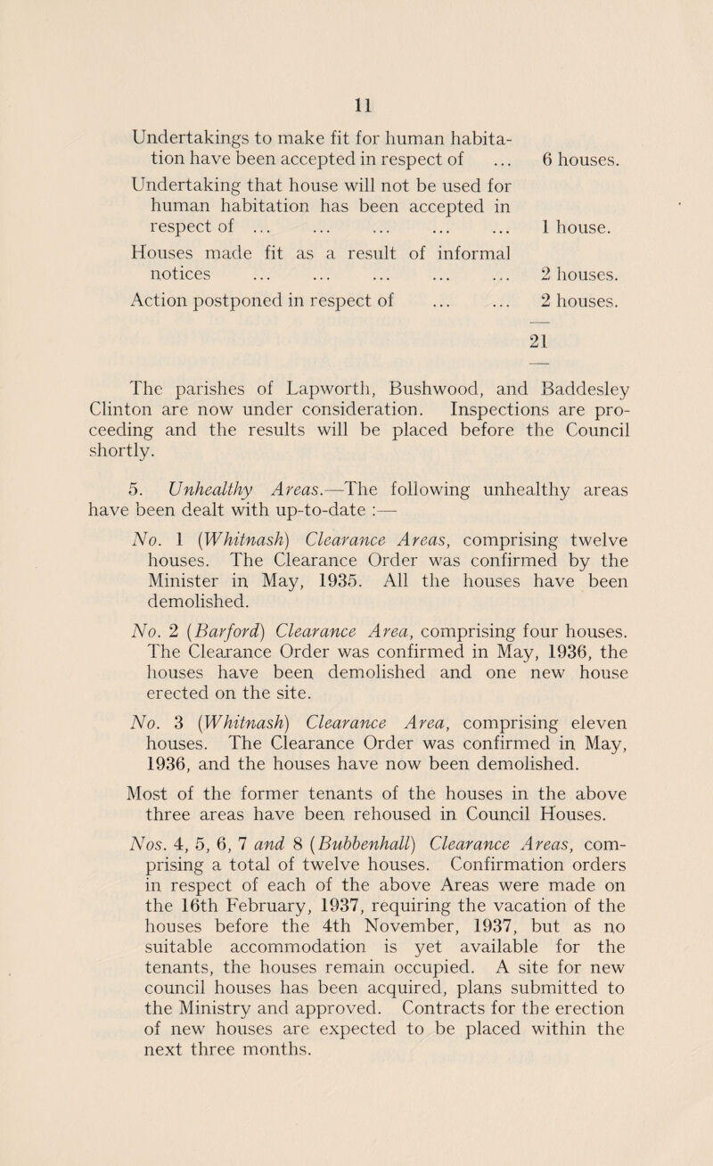6 houses. 1 house. 2 houses. 2 houses. 21 The parishes of Lapworth, Bushwood, and Baddesley Clinton are now under consideration. Inspections are pro¬ ceeding and the results will be placed before the Council shortly. 5. Unhealthy Areas.—The following unhealthy areas have been dealt with up-to-date :— No. 1 (Whitnash) Clearance Areas, comprising twelve houses. The Clearance Order was confirmed by the Minister in May, 1935. All the houses have been demolished. No. 2 (Barford) Clearance Area, comprising four houses. The Clearance Order was confirmed in May, 1936, the houses have been demolished and one new house erected on the site. No. 3 (Whitnash) Clearance Area, comprising eleven houses. The Clearance Order was confirmed in May, 1936, and the houses have now been demolished. Most of the former tenants of the houses in the above three areas have been rehoused in Council Houses. Nos. 4, 5, 6, 7 and 8 (Bubbenhall) Clearance Areas, com¬ prising a total of twelve houses. Confirmation orders in respect of each of the above Areas were made on the 16th February, 1937, requiring the vacation of the houses before the 4th November, 1937, but as no suitable accommodation is yet available for the tenants, the houses remain occupied. A site for new council houses has been acquired, plans submitted to the Ministry and approved. Contracts for the erection of new houses are expected to be placed within the next three months. Undertakings to make fit for human habita¬ tion have been accepted in respect of Undertaking that house will not be used for human habitation has been accepted in respect of ... Houses made fit as a result of informal notices Action postponed in respect of