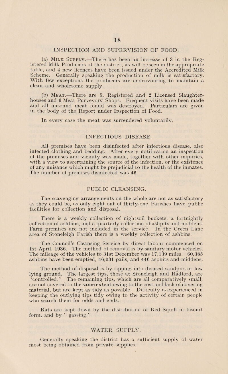 INSPECTION AND SUPERVISION OF FOOD. (a) Milk Supply.—There has been an increase of 3 in the Reg¬ istered Milk Producers of the district, as will be seen in the appropriate table, and 4 new licences have been issued under the Accredited Milk Scheme. Generally speaking the production of milk is satisfactory. With few exceptions the producers are endeavouring to maintain a clean and wholesome supply. (b) Meat.—There are 5, Registered and 2 Licensed Slaughter¬ houses and 6 Meat Purveyors’ Shops. Frequent visits have been made and all unsound meat found was destroyed. Particulars are given in the body of the Report under Inspection of Food. In every case the meat was surrendered voluntarily. INFECTIOUS DISEASE. All premises have been disinfected after infectious disease, also infected clothing and bedding. After every notification an inspection of the premises and vicinity was made, together with other inquiries, with a view to ascertaining the source of the infection, or the existence of any nuisance which might be prejudicial to the health of the inmates. The number of premises disinfected was 46. PUBLIC CLEANSING. The scavenging arrangements on the whole are not as satisfactory as they could be, as only eight out of thirty-one Parishes have public facilities for collection and disposal. There is a weekly collection of nightsoil buckets, a fortnightly collection of ashbins, and a quarterly collection of ashpits and middens. Farm premises are not included in the service. In the Green Lane area of Stoneleigh Parish there is a weekly collection of ashbins. The Council’s Cleansing Service by direct labour commenced on 1st April, 1936. The method of removal is by sanitary motor vehicles. The mileage of the vehicles to 31st December was 17,139 miles. 60,385 ashbins have been emptied, 46,031 pails, and 446 asphits and middens. The method of disposal is by tipping into disused sandpits or low lying ground. The largest tips, those at Stoneleigh and Radford, are “controlled.” The remaining tips, which are all comparatively small, are not covered to the same extent owing to the cost and lack of covering material, but are kept as tidy as possible. Difficulty is experienced in keeping the outlying tips tidy owing to the activity of certain people who search them foi odds and ends. Rats are kept down by the distribution of Red Squill in biscuit form, and by “ gassing.” WATER SUPPLY. Generally speaking the district has a sufficient supply of water most being obtained from private supplies.