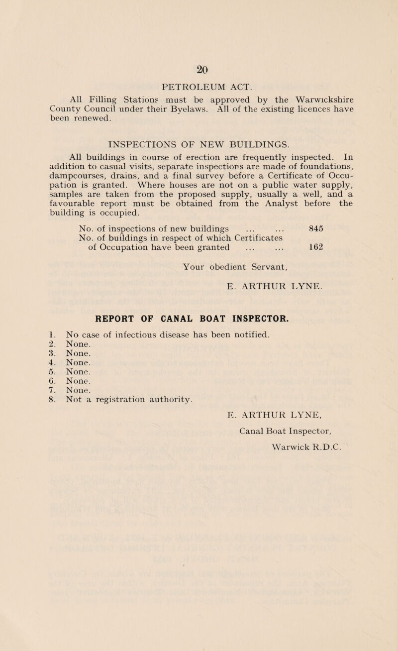 PETROLEUM ACT. All Filling Stations must be approved by the Warwickshire County Council under their Byelaws. All of the existing licences have been renewed. INSPECTIONS OF NEW BUILDINGS. All buildings in course of erection are frequently inspected. In addition to casual visits, separate inspections are made of foundations, dampcourses, drains, and a final survey before a Certificate of Occu¬ pation is granted. Where houses are not on a public water supply, samples are taken from the proposed supply, usually a well, and a favourable report must be obtained from the Analyst before the building is occupied. No. of inspections of new buildings ... ... 845 No. of buildings in respect of which Certificates of Occupation have been granted ... ... 162 Your obedient Servant, E. ARTHUR LYNE. REPORT OF CANAL BOAT INSPECTOR. 1. No case of infectious disease has been notified. 2. None. 3. None. 4. None. 5. None. 6. None. 7. None. 8. Not a registration authority. E. ARTHUR LYNE, Canal Boat Inspector, Warwick R.D.C.