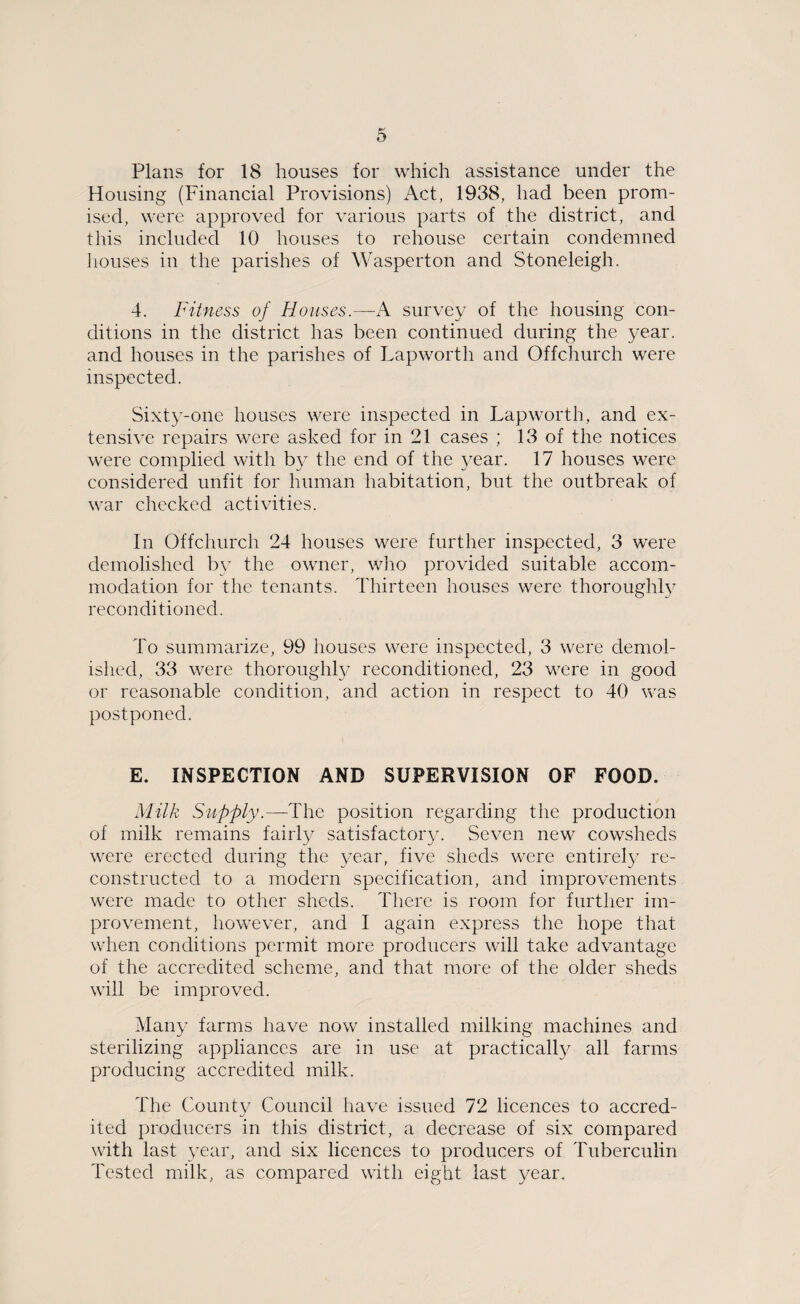 Plans for 18 houses for which assistance under the Housing (Financial Provisions) Act, 1938, had been prom¬ ised, were approved for various parts of the district, and this included 10 houses to rehouse certain condemned houses in the parishes of Wasperton and Stoneleigh. 4. Fitness of Houses.—A survey of the housing con¬ ditions in the district has been continued during the year, and houses in the parishes of Lapworth and Offchurch were inspected. Sixty-one houses were inspected in Lapworth, and ex¬ tensive repairs were asked for in 21 cases ; 13 of the notices were complied with by the end of the year. 17 houses were considered unfit for human habitation, but the outbreak of war checked activities. In Offchurch 24 houses were further inspected, 3 were demolished by the owner, who provided suitable accom¬ modation for the tenants. Thirteen houses were thoroughly reconditioned. To summarize, 99 houses were inspected, 3 were demol¬ ished, 33 were thoroughly reconditioned, 23 were in good or reasonable condition, and action in respect to 40 was postponed. E. INSPECTION AND SUPERVISION OF FOOD. Milk Supply.—The position regarding the production of milk remains fairly satisfactory. Seven new cowsheds were erected during the year, five sheds were entirely re¬ constructed to a modern specification, and improvements were made to other sheds. There is room for further im¬ provement, however, and I again express the hope that when conditions permit more producers will take advantage of the accredited scheme, and that more of the older sheds will be improved. Many farms have now installed milking machines and sterilizing appliances are in use at practically all farms producing accredited milk. The County Council have issued 72 licences to accred¬ ited producers in this district, a decrease of six compared with last year, and six licences to producers of Tuberculin Tested milk, as compared with eight last year.