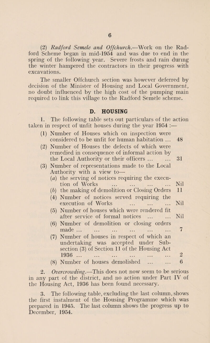 (2) Radford Semele and Offchurch.—Work on the Rad¬ ford Scheme began in mid-1954 and was due to end in the spring of the following year. Severe frosts and rain during the winter hampered the contractors in their progress with excavations. The smaller Offchurch section was however deferred by decision of the Minister of Housing and Local Government, no doubt influenced by the high cost of the pumping main required to link this village to the Radford Semele scheme. D. HOUSING 1. The following table sets out particulars of the action taken in respect of unfit houses during the year 1954 :— (1) Number of Houses which on inspection were considered to be unfit for human habitation ... 48 (2) Number of Houses the defects of which were remedied in consequence of informal action by the Local Authority or their officers ... ... 31 (3) Number of representations made to the Local Authority with a view to— (a) the serving of notices requiring the execu¬ tion of Works ... ... ... ... Nil (b) the making of demolition or Closing Orders 11 (4) Number of notices served requiring the execution of Works ... ... ... Nil (5) Number of houses which were rendered fit after service of formal notices ... ... Nil (6) Number of demolition or closing orders made ... ... ... ... ... ... 7 (7) Number of houses in respect of which an undertaking was accepted under Sub¬ section (3) of Section 11 of the Housing Act 1936 ... ... ... ... ... ... 2 (8) Number of houses demolished ... ... 6 2. Overcrowding.—This does not now seem to be serious in any part of the district, and no action under Part IV of the Housing Act, 1936 has been found necessary. 3. The following table, excluding the last column, shows the first instalment of the Housing Programme which was prepared in 1945. The last column shows the progress up to December, 1954.