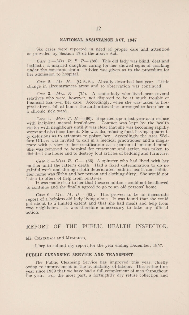NATIONAL ASSISTANCE ACT, 1947 Six cases were reported in need of proper care and attention> as provided by Section 47 of the above Act. Case 1.—Mrs. R. E. P— (89). This old lady was blind, deaf and bedfast ; a married daughter caring for her showed signs of cracking under the constant strain. Advice was given as to the procedure for her admission to hospital. Case 2.—Mr. H— (O.A.P.). Already described last year. Little change in circumstances arose and so observation was continued. Case 3.—Mrs. K— (75). A senile lady who lived near several relatives who were, however, not disposed to be at much trouble or financial loss over her care. Accordingly, when she was taken to hos¬ pital after a fall at home, the authorities there arranged to keep her in a chronic sick ward. Case 4.—Miss T. H— (66). Reported upon last year as a recluse with incipient mental breakdown. Contact was kept by the health visitor with neighbours until it was clear that she was becoming rapidly worse and also incontinent. She was also refusing food, having apparent¬ ly delusions as to attempts to poison her. Accordingly the Area Wel¬ fare Officer was invited to call in a medical practitioner and a magis¬ trate with a view to her certification as a person of unsound mind. She was removed to hospital for treatment and action was taken to disinfect the house and to destroy foul articles of bedding and furniture. Case 5.—Miss R. C— (56). A spinster who had lived with her mother until the latter’s death. Had a fixed determination to do no gainful work and through sloth deteriorated both in health and habits. Her home was filthy and her person and clothing dirty. She would not listen to offers of help from relatives. It was made clear to her that these conditions could not be allowed to continue and she finally agreed to go to an old persons’ home. Case 6.—Mrs. M. D— (82). This proved to be an inaccurate report of a helpless old lady living alone. It was found that she could get about to a limited extent and that she had meals and help from two neighbours. It was therefore unnecessary to take any official action. REPORT OF THE PUBLIC HEALTH INSPECTOR. Mr. Chairman and Members, I beg to submit my report for the year ending December, 1957. PUBLIC CLEANSING SERVICE AND TRANSPORT The Public Cleansing Service has improved this year, chiefly owing to improvement in the availability of labour. This is the first year since 1939 that we have had a full complement of men throughout the year. For the most part, a fortnightly dry refuse collection and