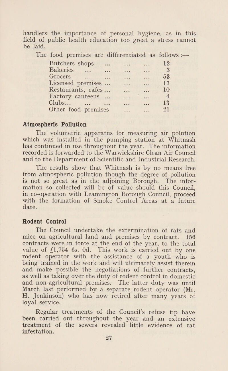 handlers the importance of personal hygiene, as in this field of public health education too great a stress cannot be laid. The food premises are differentiated as follows ;— Butchers shops ... ... ... 12 Bakeries ... ... ... ... 3 Grocers ... ... ... ... 53 Licensed premises ... ... ... 17 Restaurants, cafes... ... ... 10 Factory canteens ... ... ... 4 Clubs... ... ... ... ... 13 Other food premises ... ... 21 Atmospheric Pollution The volumetric apparatus for measuring air polution which was installed in the pumping station at Whitnash has continued in use throughout the year. The information recorded is forwarded to the Warwickshire Clean Air Council and to the Department of Scientific and Industrial Research. The results show that Whitnash is by no means free from atmospheric pollution though the degree of pollution is not so great as in the adjoining Borough. The infor¬ mation so collected will be of value should this Council, in co-operation with Leamington Borough Council, proceed with the formation of Smoke Control Areas at a future date. Rodent Control The Council undertake the extermination of rats and mice on agricultural land and premises by contract. 156 contracts were in force at the end of the year, to the total value of £1,754 6s. Od. This work is carried out by one rodent operator with the assistance of a youth who is being trained in the work and will ultimately assist therein and make possible the negotiations of further contracts, as well as taking over the duty of rodent control in domestic and non-agricultural premises. The latter duty was until March last performed by a separate rodent operator (Mr. H. Jenkinson) who has now retired after many years of loyal service. Regular treatments of the Council’s refuse tip have been carried out throughout the year and an extensive treatment of the sewers revealed little evidence of rat infestation.