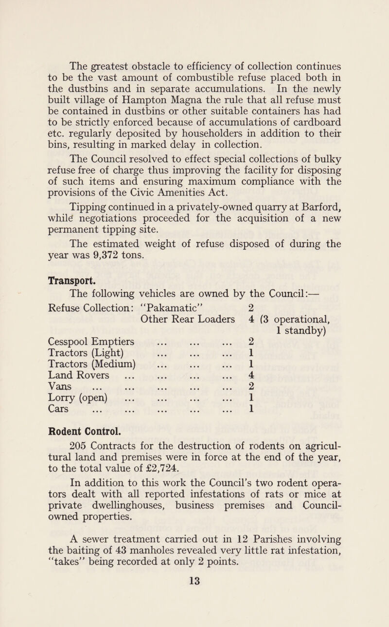 The greatest obstacle to efficiency of collection continues to be the vast amount of combustible refuse placed both in the dustbins and in separate accumulations. In the newly built village of Hampton Magna the rule that all refuse must be contained in dustbins or other suitable containers has had to be strictly enforced because of accumulations of cardboard etc. regularly deposited by householders in addition to their bins, resulting in marked delay in collection. The Council resolved to effect special collections of bulky refuse free of charge thus improving the facility for disposing of such items and ensuring maximum compliance with the provisions of the Civic Amenities Act. Tipping continued in a privately-owned quarry at Barford, while* negotiations proceeded for the acquisition of a new permanent tipping site. The estimated weight of refuse disposed of during the year was 9,372 tons. Transport. The following vehicles are owned by the Council:— Refuse Collection: “Pakamatic” Other Rear Loaders Cesspool Emptiers Tractors (Light) Tractors (Medium) Land Rovers Vans . Lorry (open) Cars ... ... 2 4 (3 operational, 1 standby) 2 1 1 4 2 1 1 Rodent Control. 205 Contracts for the destruction of rodents on agricul¬ tural land and premises were in force at the end of the year, to the total value of £2,724. In addition to this work the Council’s two rodent opera¬ tors dealt with all reported infestations of rats or mice at private dwellinghouses, business premises and Council- owned properties. A sewer treatment carried out in 12 Parishes involving the baiting of 43 manholes revealed very little rat infestation, “takes” being recorded at only 2 points.