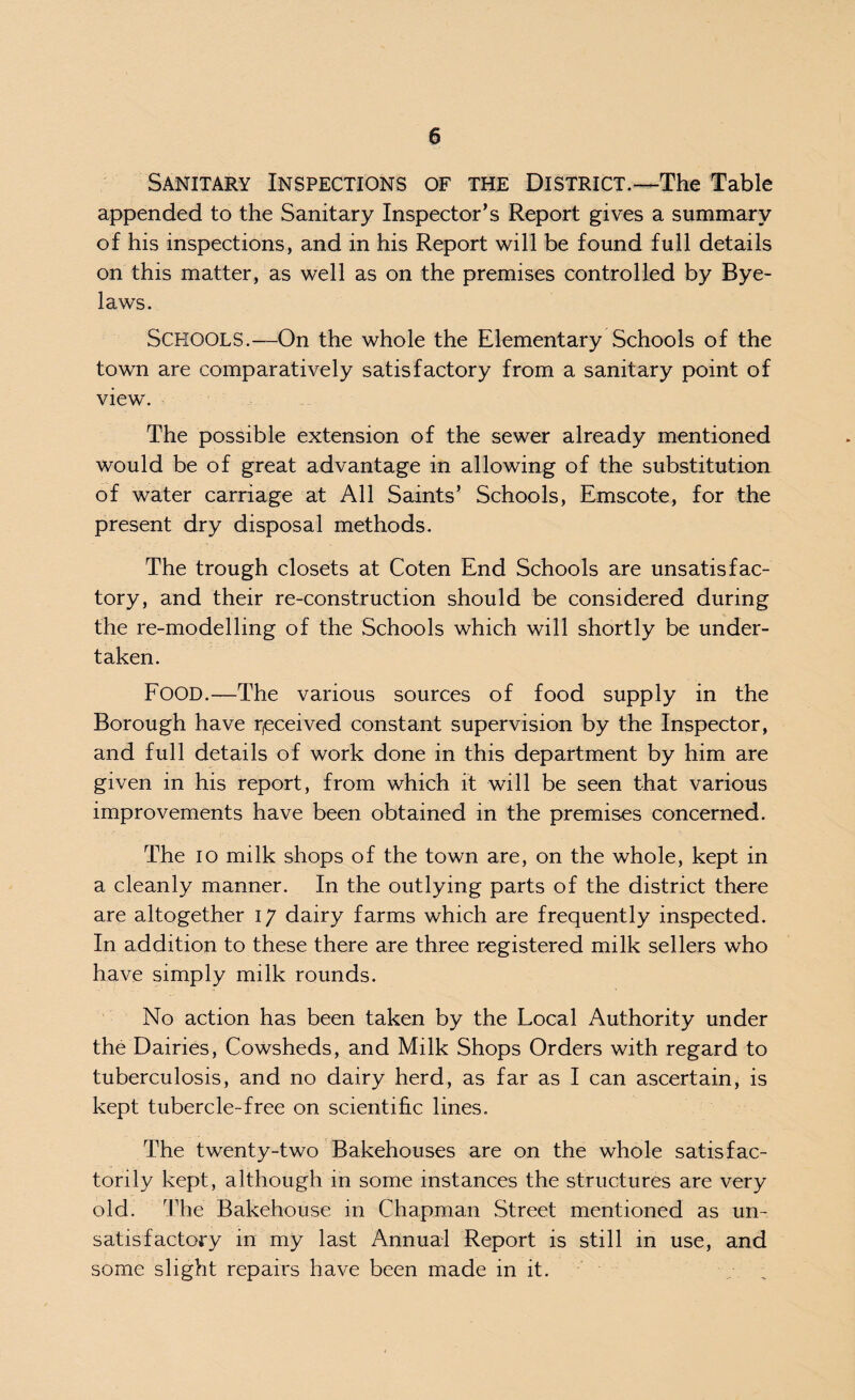 Sanitary Inspections of the District.—The Table appended to the Sanitary Inspector’s Report gives a summary of his inspections, and in his Report will be found full details on this matter, as well as on the premises controlled by Bye¬ laws. SCHOOLS.—On the whole the Elementary Schools of the town are comparatively satisfactory from a sanitary point of view. The possible extension of the sewer already mentioned would be of great advantage in allowing of the substitution of water carriage at All Saints’ Schools, Emscote, for the present dry disposal methods. The trough closets at Coten End Schools are unsatisfac¬ tory, and their re-construction should be considered during the re-modelling of the Schools which will shortly be under¬ taken. FOOD.—The various sources of food supply in the Borough have received constant supervision by the Inspector, and full details of work done in this department by him are given in his report, from which it will be seen that various improvements have been obtained in the premises concerned. The io milk shops of the town are, on the whole, kept in a cleanly manner. In the outlying parts of the district there are altogether 17 dairy farms which are frequently inspected. In addition to these there are three registered milk sellers who have simply milk rounds. No action has been taken by the Local Authority under the Dairies, Cowsheds, and Milk Shops Orders with regard to tuberculosis, and no dairy herd, as far as I can ascertain, is kept tubercle-free on scientific lines. The twenty-two Bakehouses are on the whole satisfac¬ torily kept, although in some instances the structures are very old. The Bakehouse in Chapman Street mentioned as un¬ satisfactory in my last Annual Report is still in use, and some slight repairs have been made in it.