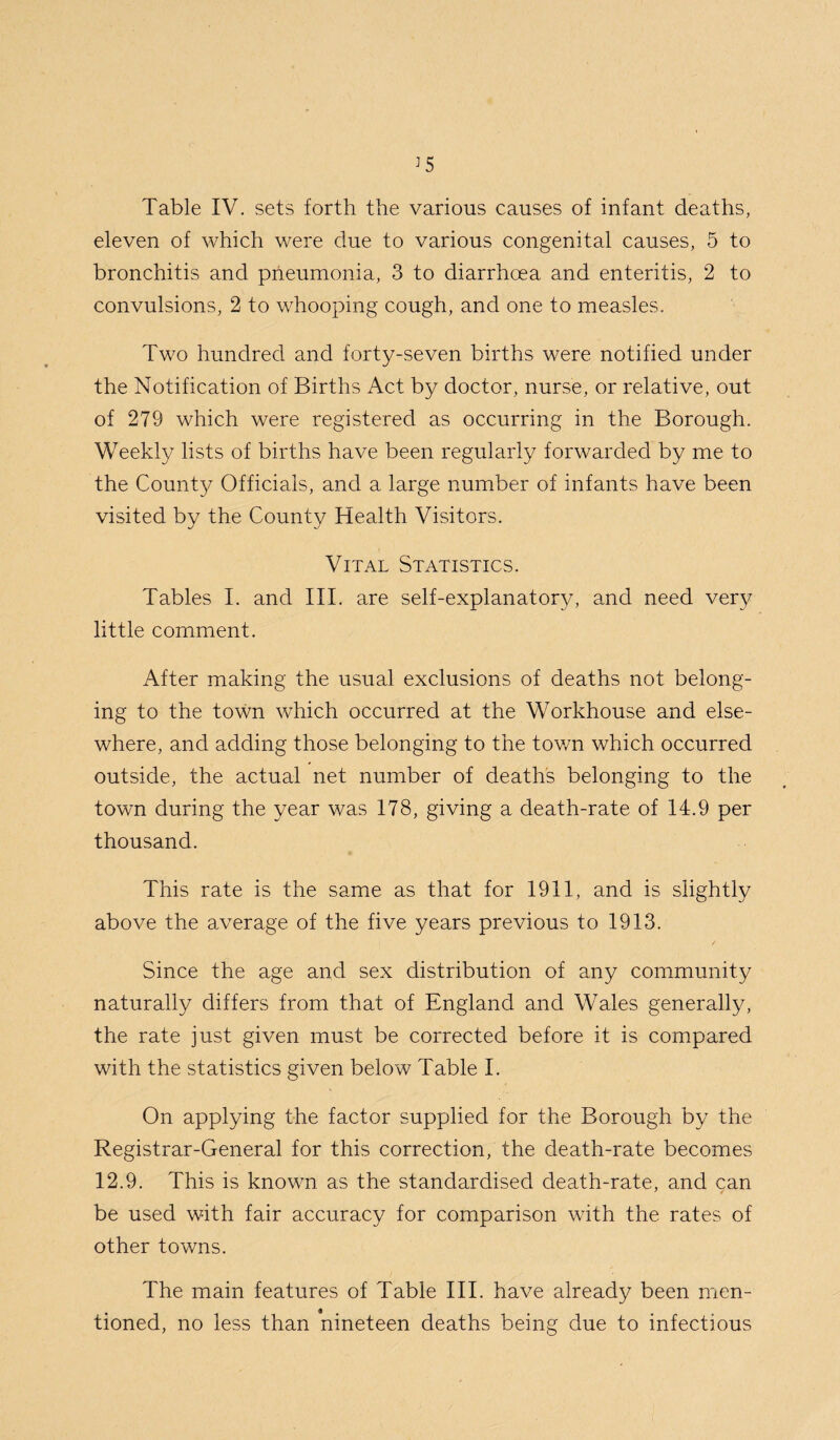 Table IV. sets forth the various causes of infant deaths, eleven of which were due to various congenital causes, 5 to bronchitis and pneumonia, 3 to diarrhoea and enteritis, 2 to convulsions, 2 to whooping cough, and one to measles. Two hundred and forty-seven births were notified under the Notification of Births Act by doctor, nurse, or relative, out of 279 which were registered as occurring in the Borough. Weekly lists of births have been regularly forwarded by me to the Count}/ Officials, and a large number of infants have been visited by the County Health Visitors. Vital Statistics. Tables I. and III. are self-explanatory, and need very little comment. After making the usual exclusions of deaths not belong¬ ing to the town which occurred at the Workhouse and else¬ where, and adding those belonging to the tov/n which occurred outside, the actual net number of deaths belonging to the town during the year was 178, giving a death-rate of 14.9 per thousand. This rate is the same as that for 1911, and is slightly above the average of the five years previous to 1913. Since the age and sex distribution of any community naturally differs from that of England and Wales generally, the rate just given must be corrected before it is compared with the statistics given below Table I. On applying the factor supplied for the Borough by the Registrar-General for this correction, the death-rate becomes 12.9. This is known as the standardised death-rate, and can be used with fair accuracy for comparison with the rates of other towns. The main features of Table III. have already been men¬ tioned, no less than nineteen deaths being due to infectious