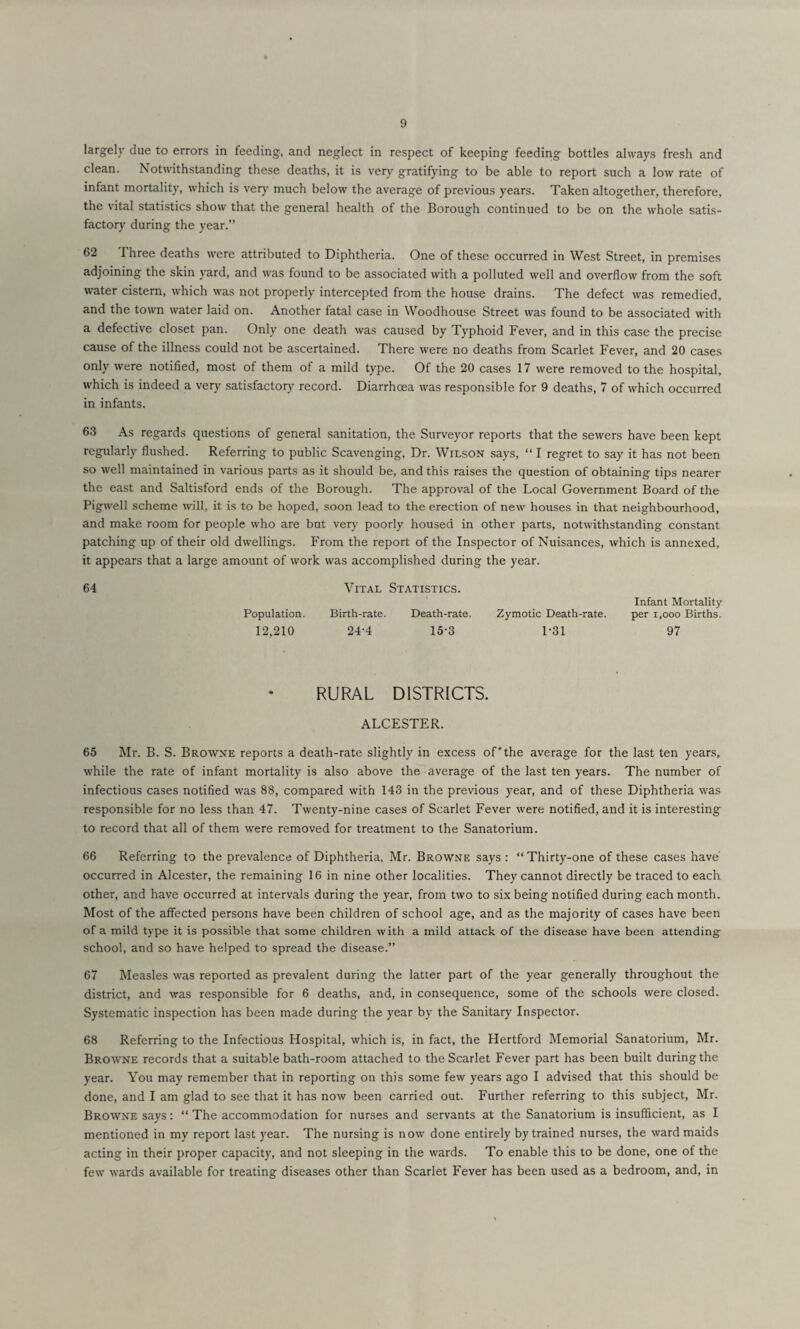 largely due to errors in feeding, and neglect in respect of keeping feeding bottles always fresh and clean. Notwithstanding these deaths, it is very gratifying to be able to report such a low rate of infant mortality, which is very much below the average of previous years. Taken altogether, therefore, the vital statistics show that the general health of the Borough continued to be on the whole satis¬ factory during the year.” 62 Three deaths were attributed to Diphtheria. One of these occurred in West Street, in premises adjoining the skin yard, and was found to be associated with a polluted well and overflow from the soft water cistern, which was not properly intercepted from the house drains. The defect was remedied, and the town water laid on. Another fatal case in Woodhouse Street was found to be associated with a defective closet pan. Only one death was caused by Typhoid Fever, and in this case the precise cause of the illness could not be ascertained. There were no deaths from Scarlet Fever, and 20 cases only were notified, most of them of a mild type. Of the 20 cases 17 were removed to the hospital, which is indeed a very satisfactory record. Diarrhoea was responsible for 9 deaths, 7 of which occurred in infants. 63 As regards questions of general sanitation, the Surveyor reports that the sewers have been kept regularly flushed. Referring to public Scavenging, Dr. Wilson says, “ I regret to say it has not been so well maintained in various parts as it should be, and this raises the question of obtaining tips nearer the east and Saltisford ends of the Borough. The approval of the Local Government Board of the Pigwell scheme will, it is to be hoped, soon lead to the erection of new houses in that neighbourhood, and make room for people who are but very poorly housed in other parts, notwithstanding constant patching up of their old dwellings. From the report of the Inspector of Nuisances, which is annexed, it appears that a large amount of work was accomplished during the year. 64 Population. 12,210 Vital Statistics. Infant Mortality- Birth-rate. Death-rate. Zymotic Death-rate. per i,ooo Births. 24-4 15-3 1-31 97 RURAL DISTRICTS. ALCESTER. 65 Mr. B. S. Browne reports a death-rate slightly in excess of* the average for the last ten years, while the rate of infant mortality is also above the average of the last ten years. The number of infectious cases notified was 88, compared with 143 in the previous year, and of these Diphtheria was responsible for no less than 47. Twenty-nine cases of Scarlet Fever were notified, and it is interesting to record that all of them were removed for treatment to the Sanatorium. 66 Referring to the prevalence of Diphtheria, Mr. Browne says : “Thirty-one of these cases have occurred in Alcester, the remaining 16 in nine other localities. They cannot directly be traced to each other, and have occurred at intervals during the year, from two to six being notified during each month. Most of the affected persons have been children of school age, and as the majority of cases have been of a mild type it is possible that some children with a mild attack of the disease have been attending school, and so have helped to spread the disease.” 67 Measles was reported as prevalent during the latter part of the year generally throughout the district, and was responsible for 6 deaths, and, in consequence, some of the schools were closed. Systematic inspection has been made during the year by the Sanitary Inspector. 68 Referring to the Infectious Hospital, which is, in fact, the Hertford Memorial Sanatorium, Mr. Browne records that a suitable bath-room attached to the Scarlet Fever part has been built during the year. You may remember that in reporting on this some few years ago I advised that this should be done, and I am glad to see that it has now been carried out. Further referring to this subject, Mr. Browne says: “ The accommodation for nurses and servants at the Sanatorium is insufficient, as I mentioned in my report last year. The nursing is now done entirely by trained nurses, the ward maids acting in their proper capacity, and not sleeping in the wards. To enable this to be done, one of the few wards available for treating diseases other than Scarlet Fever has been used as a bedroom, and, in