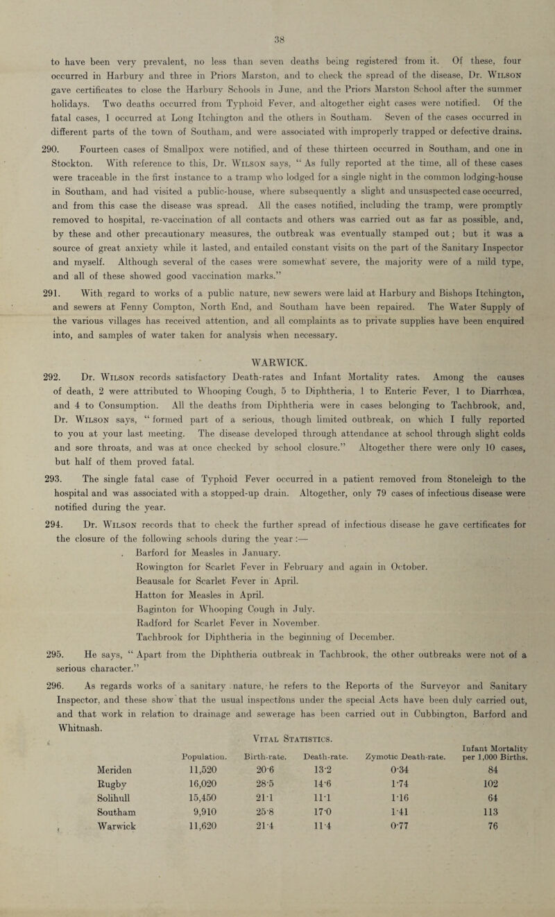 to have been very prevalent, no less than seven deaths being registered from it. Of these, four occurred in Harbury and three in Priors Marston, and to check the spread of the disease, L)r. Wilson gave certificates to close the Harbury Schools in June, and the Priors Marston School after the summer holidays. Two deaths occurred from Typhoid Fever, and altogether eight cases were notified. Of the fatal cases, 1 occurred at Long Itchington and the others in Southam. Seven of the cases occurred in different parts of the town of Southam, and were associated with improperly trapped or defective drains. 290. Fourteen cases of Smallpox were notified, and of these thirteen occurred in Southam, and one in Stockton. With reference to this, Dr. Wilson says, “ As fully reported at the time, all of these cases were traceable in the first instance to a tramp who lodged for a single night in the common lodging-house in Southam, and had visited a public-house, where subsequently a slight and unsuspected case occurred, and from this case the disease was spread. All the cases notified, including the tramp, were promptly removed to hospital, re-vaccination of all contacts and others was carried out as far as possible, and, by these and other precautionary measures, the outbreak was eventually stamped out; but it was a source of great anxiety while it lasted, and entailed constant visits on the part of the Sanitary Inspector and myself. Although several of the cases were somewhat severe, the majority were of a mild type, and all of these showed good vaccination marks.” 291. With regard to works of a public nature, new sewers were laid at Harbury and Bishops Itchington, and sewers at Fenny Compton, North End, and Southam have been repaired. The Water Supply of the various villages has received attention, and all complaints as to private supplies have been enquired into, and samples of water taken for analysis when necessary. WARWICK. 292. Dr. Wilson records satisfactory Death-rates and Infant Mortality rates. Among the causes of death, 2 were attributed to Whooping Cough, 5 to Diphtheria, 1 to Enteric Fever, 1 to Diarrhoea, and 4 to Consumption. All the deaths from Diphtheria were in cases belonging to Tachbrook, and, Dr. Wilson says, “ formed part of a serious, though limited outbreak, on which I fully reported to you at your last meeting. The disease developed through attendance at school through slight colds and sore throats, and was at once checked by school closure.” Altogether there were only 10 cases, but half of them proved fatal. 293. The single fatal case of Typhoid Fever occurred in a patient removed from Stoneleigh to the hospital and was associated with a stopped-up drain. Altogether, only 79 cases of infectious disease were notified during the year. 294. Dr. Wilson records that to check the further spread of infectious disease he gave certificates for the closure of the following schools during the year :— Barford for Measles in January. Rowington for Scarlet Fever in February and again in October. Beausale for Scarlet Fever in April. Hatton for Measles in April. Baginton for Whooping Cough in July. Radford for Scarlet Fever in November. Tachbrook for Diphtheria in the beginning of December. 295. He says, “ Apart from the Diphtheria outbreak in Tachbrook, the other outbreaks were not of a serious character.” 296. As regards works of a sanitary . nature, ■ he refers to the Reports of the Surveyor and Sanitary Inspector, and these show that the usual inspections under the special Acts have been duly carried out, and that work in relation to drainage and sewerage has been carried out in Cubbington, Barford and Whitnash. < Vital Statistics. Population. Birth-rate. Meriden 11,520 206 Rugby 16,020 28-5 Solihull 15,450 21T Southam 9,910 25-8 Warwick 11,620 2D4 Death-rate. Zymotic Death-rate. Infant Mortality per 1,000 Births. 132 0-34 84 14-6 1-74 102 1M 1*16 64 17-0 1-41 113 11-4 0-77 76