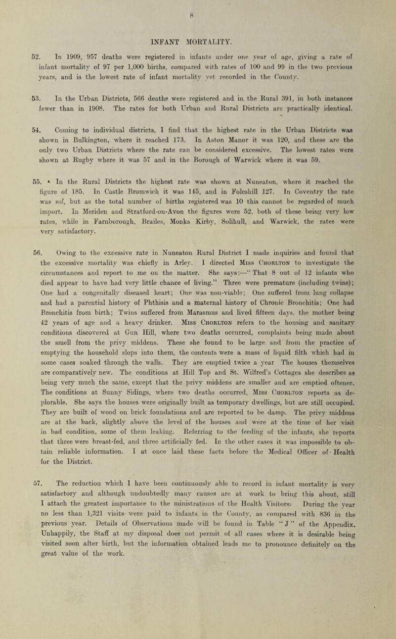 INFANT MORTALITY. 52. In 1909, 957 deaths were registered in infants under one year of age, giving a rate of infant mortality of 97 per 1,000 births, compared with rates of 100 and 99 in the two previous years, and is the lowest rate of infant mortality yet recorded in the County. 53. In the Urban Districts, 566 deaths were registered and in. the Rural 391, in both instances fewer than in 1908. The rates for both Urban and Rural Districts are practically identical. 54. Coming to individual districts, I find that the highest rate in the Urban Districts was shown in Bulkington, where it reached 173. In Aston Manor it was 120, and these are the only two Urban Districts where the rate can be considered excessive. The lowest rates were shown at Rugby where it was 57 and in the Borough of Warwick where it was 59. 55. 4 In the Rural Districts the highest rate was shown at Nuneaton, where it reached the figure of 185. In Castle Bromwich it was 145, and in Folesliill 127. In Coventry the rate was nil, but as the total number of births registered was 10 this cannot be regarded of much import. In Meriden and Stratford-on-Avon the figures were 52, both of these being very low rates, while in Farnborough, Brailes, Monks Kirby, Solihull, and Warwick, the rates were very satisfactory. 56. Owing to the excessive rate in Nuneaton Rural District I made inquiries and found that the excessive mortality was chiefly in Arley. I directed Miss Chorlton to investigate the circumstances and report to me on the matter. She says:—“That 8 out of 12 infants who died appear to have had very little chance of living.” Three were premature (including twins); One had a congenitally diseased heart; One was non-viable; One suffered from lung collapse and had a parential history of Phthisis and a maternal history of Chronic Bronchitis; One had Bronchitis from birth; Twins suffered from Marasmus and lived fifteen days, the mother being 42 years of age and a heavy drinker. Miss Chorlton refers to the housing and sanitary conditions discovered at Gun Hill, where two deaths occurred, complaints being made about the smell from the privy middens. These she found to be large and from the practice of emptying the household slops into them, the contents were a mass of liquid filth which had in some cases soaked through the walls. They are emptied twice a year The houses themselves are comparatively new. The conditions at Hill Top and St. Wilfred’s Cottages she describes as being very much the same, except that the privy middens are smaller and are emptied oftener. The conditions at Sunny Sidings, where two deaths occurred, Miss Chorlton reports as de¬ plorable. She says the houses were originally built as temporary dwellings, but are still occupied. They are built of wood on brick foundations and are reported to be damp. The privy middens are at the back, slightly above the level of the houses and were at the time of her visit in bad condition, some of them leaking. Referring to the feeding of the infants, she reports that three were breast-fed, and three artificially fed. In the other cases it was impossible to ob¬ tain reliable information. I at once laid these facts before the Medical Officer of - Health for the District. 57. The reduction which I have been continuously able to record in infant mortality is very satisfactory and although undoubtedly many causes are at work to bring this about, still I attach the greatest importance to the ministrations of the Health Visitors: During the vear no less than 1,321 visits were paid to infants in the County, as compared with 836 in the previous year. Details of Observations made Avill be found in Table “ J ” of the Appendix. Unhappily, the Staff at my disposal does not permit of all cases where it is desirable being visited soon after birth, but the information obtained leads me to pronounce definitely on the great value of the work.