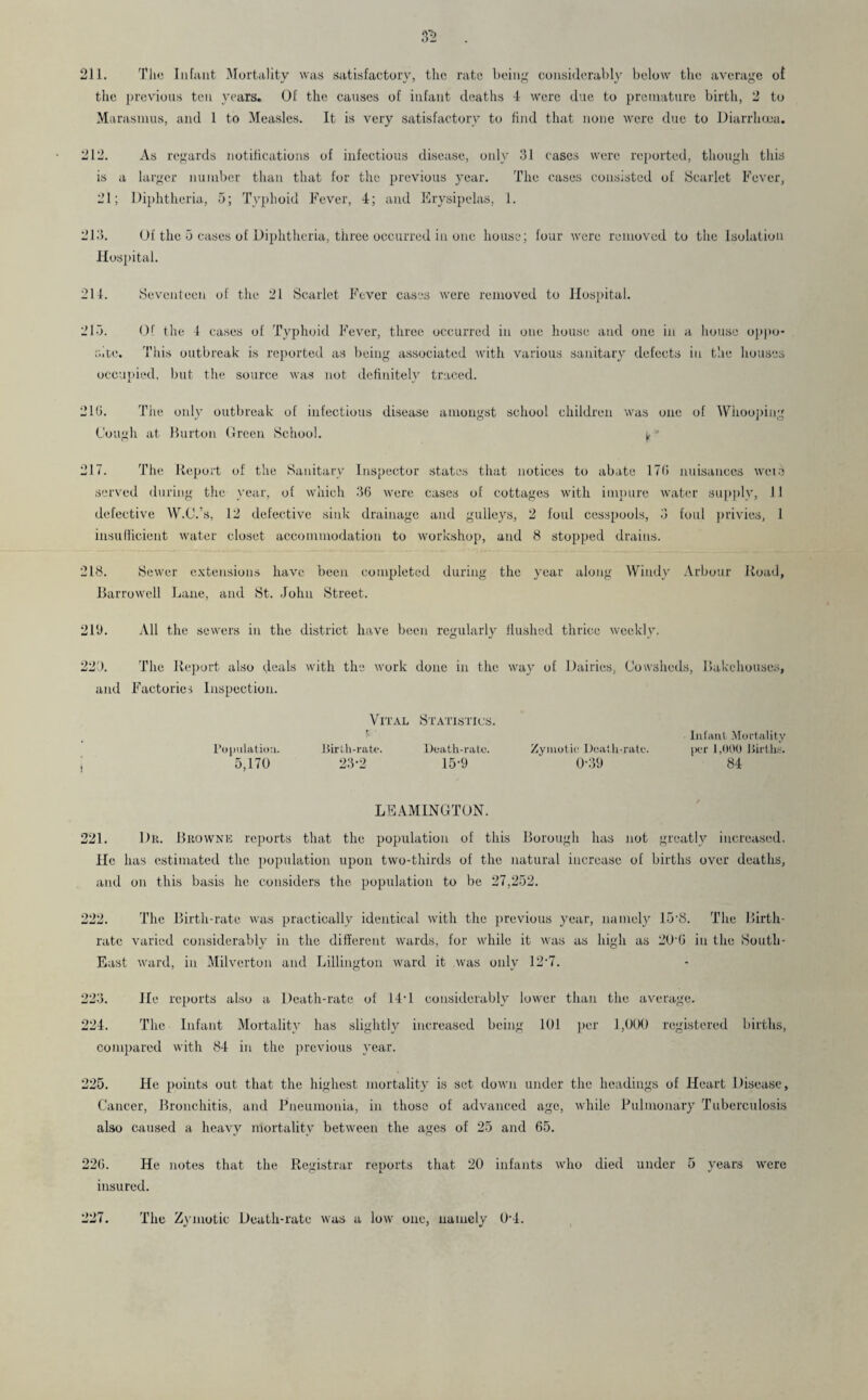 the previous ten years. Of the causes of infant deaths -1 were due to premature birth, 2 to Marasmus, and 1 to Measles. It is very satisfactory to find that none were due to Diarrhoea. 212. As regards notifications of infectious disease, only 31 cases were reported, though this is a larger number than that for the previous year. The cases consisted of Scarlet Fever, 21; Diphtheria, 5; Typhoid Fever, 4; and Erysipelas, 1. 213. Of the 5 cases of Diphtheria, three occurred in one house; four were removed to the Isolation Hospital. 211. Seventeen of the 21 Scarlet Fever cases were removed to Hospital. 21-3. Of the 1 cases of Typhoid Fever, three occurred in one house and one in a house oppo¬ site. This outbreak is reported as being associated with various sanitary defects in the houses occupied, but the source was not definitely traced. 210. The only outbreak of infectious disease amongst school children was one of Whooping Cough at Burton Green School. ' 217. The Report of the Sanitary Inspector states that notices to abate 17(i nuisances wcio served during the year, of which 36 were cases of cottages with impure water supply, 11 defective AV.C.’s, 12 defective sink drainage and gulleys, 2 foul cesspools, 3 foul privies, 1 insufficient water closet accommodation to workshop, and 8 stopped drains. 218. Sewer extensions have been completed during the year along Windy Arbour Road, Barrowcll Lane, and St. John Street. 219. All the sewers in the district have been regularly flushed thrice weekly. 223. The Report also deals with the work done in the way of Dairies, Cowsheds, Bakehouses, and Factories Inspection. t Population. 5,170 Vital Statistics. »• • Birth-rate. Death-rate. 23-2 15-9 Zymotic Death-rate. 0-39 infant Mortality per 1,000 Births. 84 LEAMINGTON. 221. Dr. Brownk reports that the population of this Borough has not greatly increased. He has estimated the population upon two-thirds of the natural increase of births over deaths, and on this basis he considers the population to be 27,252. 222. The Birth-rate was practically identical with the previous year, namely 15-8. The Birth¬ rate varied considerably in the different wards, for while it was as high as 2U'0 in the South- East ward, in Milverton and Lillington ward it was only 12'7. 223. He reports also a Death-rate of 14*1 considerably lower than the average. 224. The Infant Mortality has slightly increased being 101 per 1,000 registered births, compared with 84 in the previous year. 225. He points out that the highest mortality is set down under the headings of Heart Disease, Cancer, Bronchitis, and Pneumonia, in those of advanced age, while Pulmonary Tuberculosis also caused a heavy mortality between the ages of 25 and 65. 226. He notes that the Registrar reports that 20 infants who died under 5 years were insured. 227. The Zymotic Death-rate was a low one, namely 0-4.