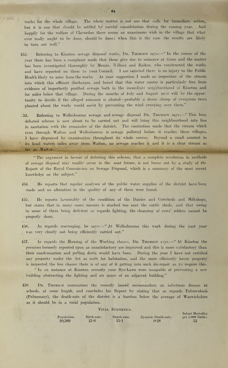 works for the whole village. The whole matter is not one that calls for immediate action, but it is one that should be settled by careful consideration during the coming year. And happily for the welfare of Clavcrdon there seems an unanimous wish in the village that what ever really ought to be done, should be done: when this is the case the results are likely to turn out well.” 152. Referring to Kincton sewage disposal works, Du. Thomson says:— In the course of the year there has been a complaint made that these give rise to nuisance at times and the matter has been investigated thoroughly by Messrs. Vi illcox and Raikes, who constructed the works and have reported on them to your Council. I am satisfied there is no injury to the Public Health likely to arise from the works. At your suggestion I made an inspection of the stream into which this effluent discharges, and found that this water course is particularly free from evidence of imperfectly purified sewage both in the immediate neighbourhood of Kincton and for miles below that village. During the months of July and August next will be the oppor¬ tunity to decide if the alleged nuisance is abated—probably a dense clump of evergreen trees planted about the works would ass'st by preventing the wind sweeping over them.” -J53. Referring to Wellesbournc sewage and sewage disposal Dn. Thomson says:—“This long debated scheme is now about to be carried out and will bring this neighbourhood into line in sanitation with the remainder of the district. The contention made that the stream which runs through Walton and Wellesbournc is sewage polluted before it reaches these villages. 1 have disproved by examination throughout its whole course. Reyond a small amount in * its head waters miles away from Walton, no sewage reaches it and it is a clear stream as far as Walton. “ The argument in favour of deferring this scheme, that a complete revolution in methods of sewage disposal may readily occur in the near future, is not borne out by a study of the Report of the Royal Commission on Sewage Disposal, which is a summary of the most recent knowledge on the subject.” 451. He reports that regular analyses of the public water supplies of the district have been made and no alteration in the quality of any of them were found. -155. He reports favourably of the condition of the Dairies and Cowsheds and Milkshops, but states that in many cases manure is stacked too near the cattle sheds, and that owing to some of them being deficient as regards lighting, the cleansing of cows’ udders cannot be properly done. 45(i. As regards scavenging, he says:—“At Wellesbournc this work during the past year was very clearly not being efficientl)- carried out.” 157. .Vs regards the Housing of the Working classes, Dr. Thomson siys:—“At Kincton the premises formerly reported upon as unsatisfactory are improved and this is more sxtisfactory than their condemnation and puffing down would have been. During the year I have not certified any property under the Act as unfit for habitation, and the more efficiently house property is inspected the less chance there is of any of it getting into such dis-repair as to require this. “ In an instance at Kineton recently your I3ye-Laws were incapable of preventing a new building obstructing the lighting and air space of an adjacent building.” 458. Dr. Thomson summarises the recently issued memorandum on infectious disease at schools, at some length, and concludes his Report by stating that as regards Tuberculosis (Pulmonary), the death-rate of the district is a fraction below the average of Warwickshire as it should be in a rural population. Vital Statistics. Infant Mortality per 1,000 Births. Population. 10,589 Birth-rate. 21-G Death-rate. 15-1 Zyinotie Death-rate. 0-28