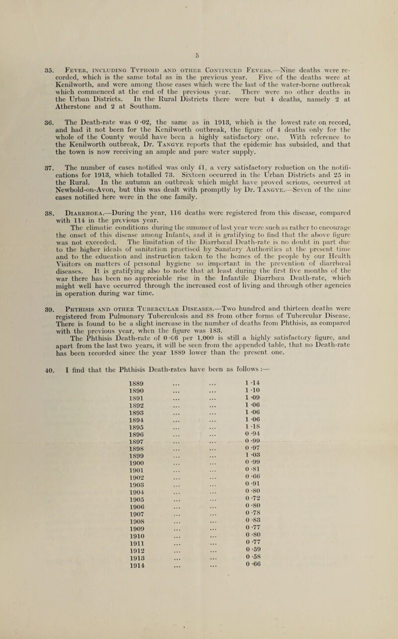 35. Fevek, including Typhoid and other Continued P'evers.—Nine deaths were re¬ corded, which is the same total as in the previous year. Five of tlic deaths were at Kenilworth, and were among those cases which were the last of the water-borne outbreak which commenced at the end of the previous jT'ar. There were no other deaths in the Urban Districts. In the Rural Districts there were but 4 deaths, namely 2 at Atherstone and 2 at Southam. 36. The Death-rate was 0 -02, the same as in 1913, which is the lowest rate on record, and had it not been for the Kenilworth outbreak, the figure of 4 deaths only for the w'hole of the County would have been a highly satisfactory one. IVhth reference to the Kenilworth outbreak. Dr. Tangye reports that the epidemic has subsided, and that the town is now receiving an ample and pure water supply. 37. The number of cases notified was oidy 41, a very satisfactory reduction on the notifi¬ cations for 1913, which totalled 73. Sixteen occurred in the Urban Districts and 25 in the Rural. In the autumn an outbreak which might have proved serious, occurred at Newbold-on-Avon, but this was dealt with promptly by Dr. Tangye.—Seven of the nine cases notified here were in the one family. 38. Diarrhoea.—During the year, 116 deaths were registered from this disease, compared with 114 in the previous year. The climatic conditions during the summer of last year were such as rather to encourage the onset of this disease among Infants, and it is gratifying to find that tlie above figure was not exceeded. The limitation of the Diarrhccal Death-rate is no doubt in part due to the higher ideals of sanitation practised by Sanitary Authorities at the })rcsent time and to the education and instruction taken to the homes of the peojile by our Health Visitors on matters of peisonal hygiene so im])ortant in the prevention of diarrlimal diseases. It is gratifying also to note that at least during the first five months of the war there has been no appreciable rise in the Infantile Diarrhoea Death-rate, which might well have occurred through the increased cost of living and through other agencies in operation during war time. 39. Phthisis and other Tubercular Diseases.—Two hundred and thirteen deaths were registered from Pulmonary Tuberculosis and 88 from other forms of Tubercular Disease. There is found to be a slight increase in the number of deaths from Phthisis, as compared with the previous year, when the figure was 183. The Phthisis Death-rate of 0 -66 per 1,000 is still a highly satisfactory figure, and apart from the last two years, it will be seen from the appended table, that no Death-rate has been leeorded since the year 1889 lower than the present one. 40. I find that the Phthisis Death-rates have been as follows :— 1889 1 14 1890 1 -10 1891 1 -09 1892 1 06 1893 1 -06 1894 1 06 1895 1 -18 1896 0 -94 1897 0 -99 1898 0 -97 1899 1 03 1900 0 -99 1901 0 -81 1902 0 -66 1903 0 -91 1904 0 -80 1905 0 -72 1906 0 -80 1907 0 -78 1908 0 -83 1909 0 -77 1910 0 -80 1911 0 -77 1912 0 -59 1913 0 -58 1914 • • •