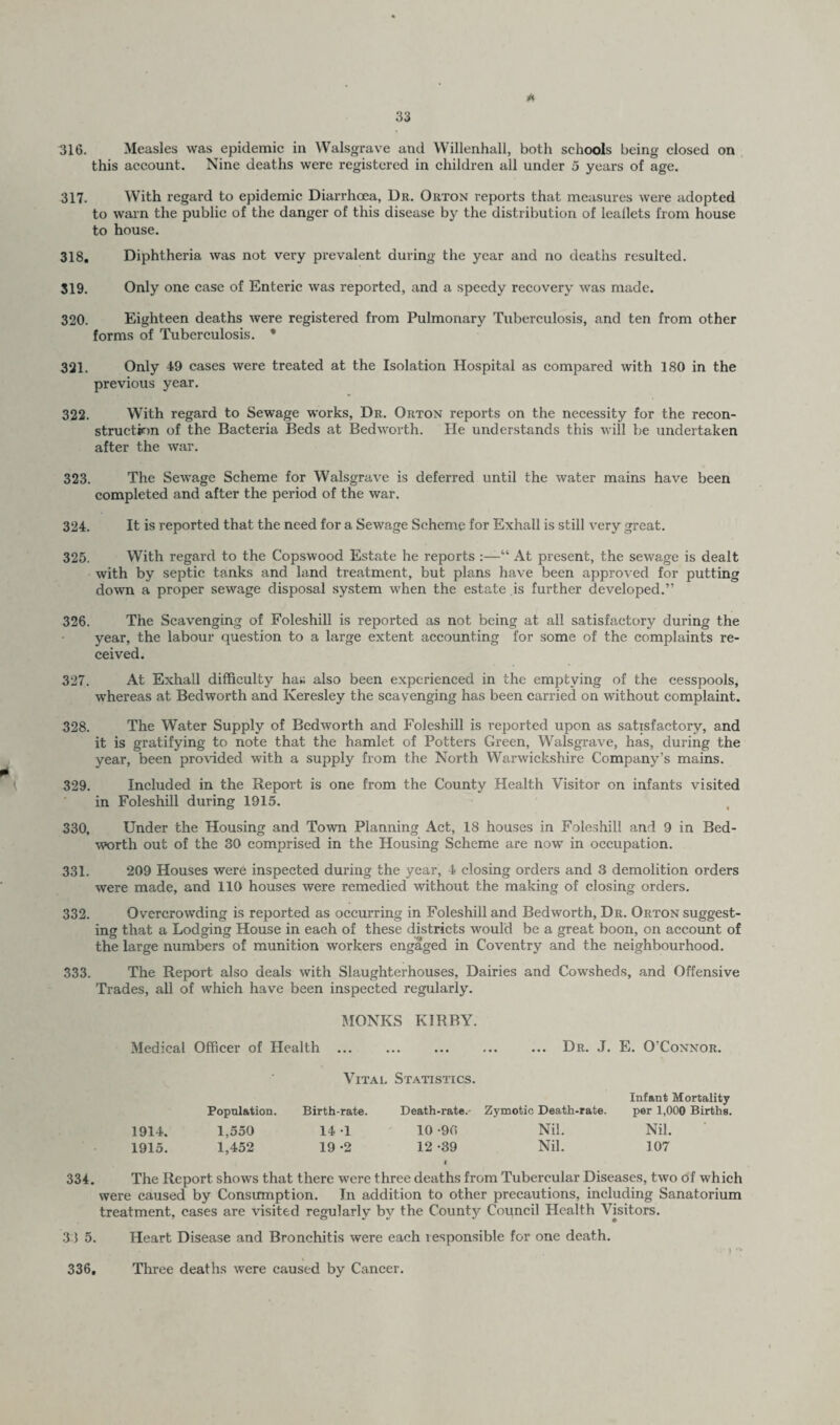 * 33 316. Measles was epidemic in Walsgrave and YVillenhall, both schools being closed on this account. Nine deaths were registered in children all under 5 years of age. 317. With regard to epidemic Diarrhoea, Dr. Orton reports that measures Avere adopted to warn the public of the danger of this disease by the distribution of leaflets from house to house. 318. Diphtheria was not very prevalent during the year and no deaths resulted. 319. Only one case of Enteric was reported, and a speedy recovery was made. 320. Eighteen deaths were registered from Pulmonary Tuberculosis, and ten from other forms of Tuberculosis. • 321. Only 49 cases were treated at the Isolation Hospital as compared with 180 in the previous year. 322. With regard to Sewage works, Dr. Orton reports on the necessity for the recon¬ struction of the Bacteria Beds at Bedworth. He understands this will be undertaken after the Avar. 323. The SeAvage Scheme for Walsgra\'e is deferred until the Avater mains haAre been completed and after the period of the Avar. 324. It is reported that the need for a Sewage Scheme for Exhall is still A’ery great. 325. With regard to the Copswood Estate he reports “ At present, the sewage is dealt Avith by septic tanks and land treatment, but plans have been approved for putting down a proper sewage disposal system when the estate is further developed.” 326. The Scavenging of Foleshill is reported as not being at all satisfactory during the year, the labour question to a large extent accounting for some of the complaints re¬ ceived. 327. At Exhall difficulty hav. also been experienced in the emptying of the cesspools, Avhereas at Bedworth and Keresley the scavenging has been carried on Avithout complaint. 328. The Water Supply of BedAA'orth and Foleshill is reported upon as satisfactory, and it is gratifying to note that the hamlet of Potters Green, Walsgrave, has, during the year, been provided with a supply from the North WarAvickshire Company’s mains. 329. Included in the Report is one from the County Health Visitor on infants visited in Foleshill during 1915. 330. Under the Housing and Town Planning Act, 18 houses in Foleshill and 9 in Bed¬ AA'orth out of the 30 comprised in the Housing Scheme are now in occupation. 331. 209 Houses were inspected during the year, 4 closing orders and 3 demolition orders were made, and 110 houses were remedied without the making of closing orders. 332. OvercroAvding is reported as occurring in Foleshill and Bedworth, Dr. Orton suggest¬ ing that a Lodging House in each of these districts would be a great boon, on account of the large numbers of munition Avorkers engaged in Coventry and the neighbourhood. 333. The Report also deals Avith Slaughterhouses, Dairies and Cowsheds, and Offensive Trades, all of Avhich have been inspected regularly. MONKS KIRBY. Medical Officer of Health ... ... ... ... ... Dr. J. E. O’Connor. 1914. 1915. Population. 1,550 1,452 Vital Statistics. Birth-rate. Death-rate. Zymotic Death-rate. 14 -1 10 -90 Nil. 19 -2 12 -39 Nil. Infant Mortality per 1,000 Births. Nil. 107 334. The Report shows that there were three deaths from Tubercular Diseases, two of which were caused by Consumption. In addition to other precautions, including Sanatorium treatment, cases are visited regularly by the County Council Health Visitors. 3) 5. Heart Disease and Bronchitis were each responsible for one death. Cl | 336, Three deaths were caused by Cancer.