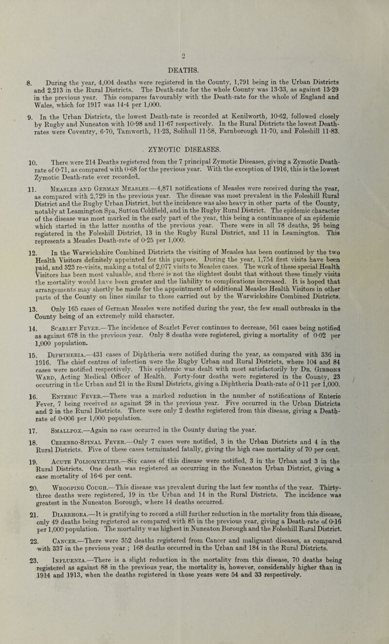 DEATHS. 8. During the year, 4,004 deaths were registered in the County, 1,791 being in the Urban Districts and 2.213 in the Rural Districts. The Death-rate for the whole County was 13-33, as against 13-29 in the previous year. This compares favourably with the Death-rate for the whole of England and Wales, which for 1917 was 14-4 per 1,000. 9. In the Urban Districts, the lowest Death-rate is recorded at Kenilworth, 10-62, followed closely by Rugby and Nuneaton with 10-98 and 11 -67 respectively. In the Rural Districts the lowest Death- rates were Coventry, 6-70, Tamworth, 11-23, Solihull 11-58, Farnborough 11-70, and Foleshill 11-83. ZYMOTIC DISEASES. 10. There were 214 Deaths registered from the 7 principal Zymotic Diseases, giving a Zymotic Death- rate of 0-71, as compared with 0-68 for the previous year. With the exception of 1916, this is the lowest Zymotic Death-rate ever recorded. 11. Measles and German Measles.—4,871 notifications of Measles were received during the year, as compared with 2,729 in the previous year. The disease was most prevalent in the Foleshill Rural District and the Rugby Urban District, but the incidence was also heavy in other parts of the County, notably at Leamington Spa, Sutton Coldfield, and in the Rugby Rural District. The epidemic character of the disease was most marked in the early part of the year, this being a continuance of an epidemic which started in the latter months of the previous year. There were in all 78 deaths, 26 being registered in the Foleshill District, 13 in the Rugby Rural District, and 11 in Leamington. This represents a Measles Death-rate of 0-25 per 1,000. 12. In the Warwickshire Combined Districts the visiting of Measles has been continued by the two Health Visitors definitely appointed for this purpose. During the year, 1,754 first visits have been paid, and 323 re-visits, making a total of 2,077 visits to Measles cases. The work of these special Health Visitors has been most valuable, and there is not the slightest doubt that without these timely visits the mortality would have been greater and the liability to complications increased. It is hoped that arrangements may shortly be made for the appointment of additional Measles Health Visitors in other parts of the County on lines similar to those carried out by the Warwickshire Combined Districts. 13. Only 165 cases of German Measles were notified during the year, the few small outbreaks in the County being of an extremely mild character. 14. Scarlet Fever.—The incidence of Scarlet Fever continues to decrease, 561 cases being notified as against 678 in the previous year. Only 8 deaths were registered, giving a mortality of 0-02 per 1,000 population. 15. Diphtheria.—431 cases of Diphtheria were notified during the year, as compared with 336 in 1916. The chief centres of infection were the Rugby Urban and Rural Districts, where 104 and 84 cases were notified respectively. This epidemic was dealt with most satisfactorily by Dr. Gibbons Ward, Acting Medical Officer of Health. Forty-four deaths were registered in the County, 23 occurring in the Urban and 21 in the Rural Districts, giving a Diphtheria Death-rate of 0-11 per 1,000. 16. Enteric Fever.—There was a marked reduction in the number of notifications of Enteric Fever, 7 being received as against 28 in the previous year. Five occurred in the Urban Districts and 2 in the Rural Districts. There w'ere only 2 deaths registered from this disease, giving a Death- rate of 0-006 per 1,000 population. 17. Smallpox.—Again no case occurred in the County during the year. 18. Cerebro-Spinal Fever.—Only 7 cases were notified, 3 in the Urban Districts and 4 in the Rural Districts. Five of these cases terminated fatally, giving the high case mortality of 70 per cent. 19. Acute Poliomyelitis.—Six cases of this disease were notified, 3 in the Urban and 3 in the Rural Districts. One death was registered as occurring in the Nuneaton Urban District, giving a case mortality of 16-6 per cent. 20. Whooping Cough.—This disease was prevalent during the last few months of the year. Thirty- three deaths were registered, 19 in the LTrban and 14 in the Rural Districts. The incidence was greatest in the Nuneaton Borough, where 14 deaths occurred. 21. Diarrhoea.—It is gratifying to record a still further reduction in the mortality from this disease, only 49 deaths being registered as compared w-ith 85 in the previous year, giving a Death-rate of 0-16 per 1,000 population. The mortality vras highest in Nuneaton Borough and the Foleshill Rural District. 22. Cancer.—There were 352 deaths registered from Cancer and malignant diseases, as compared with 337 in the previous year ; 168 deaths occurred in the Urban and 184 in the Rural Districts. 23. Influenza.—There is a slight reduction in the mortality from this disease, 70 deaths being registered as against 88 in the previous year, the mortality is, however, considerably higher than in 1914 and 1913, when the deaths registered in those years wrere 54 and 33 respectively.
