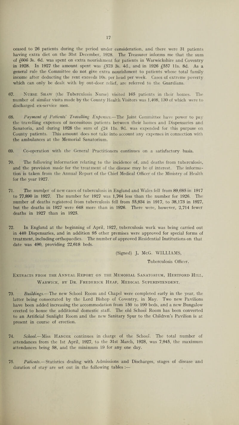 ceased to 26 patients during the period under consideration, and there were 31 patients having extra diet on the 31st December, 1928. The Treasurer informs me that the sum of £606 3s. 6d. was spent on extra nourishment for patients in Warwickshire and Coventry in 1928. In 1927 the amount spent was £573 3s. 4d., and in 1926 £557 11s. 8d. As a general rule the Committee do not give extra nourishment to patients w'hose total family income after deducting the rent exceeds 10s. per head per week. Cases of extreme poverty which can only be dealt with by out-door relief, are referred to the Guardians. 67. Nurse Shaw (the Tuberculosis Nurse) visited 165 patients in their homes. The number of similar visits made by the County Health Visitors was 1,408, 130 of which were to discharged ex-service men. 68. Payment oj Patients' Travelling Expenses.-—The Joint Committee have power to pay the travelling expenses of necessitous patients between their homes and Dispensaries and Sanatoria, and during 1928 the sum of £24 11s. 9d. was expended for this purpose on County patients. This amount does not take into account any expenses in connection with the ambulances at the Memorial Sanatorium. 69. Co-operation with the General Practitioners continues on a satisfactory basis. 70. The following information relating to the incidence of, and deaths from tuberculosis, and the provision made for the treatment of the disease may be of interest. The informa¬ tion is taken from the Annual Report of the Chief Medical Officer of the Ministry of Health for the year 1927. 71. The number of new cases of tuberculosis in England and Wales fell from 89,685 in 1917 to 77,890 in 1927. The number for 1927 was 1,764 less than the number for 1926. The number of deaths registered from tuberculosis fell from 55,934 in 1917, to 38,173 in 1927, but the deaths in 1927 were 648 more than in 1926. There were, however, 2,714 fewer deaths in 1927 than in 1925. 72. In England at the beginning of April, 1927, tuberculosis wTork was being carried out in 440 Dispensaries, and in addition 95 other premises were approved for special forms of treatment, including orthopaedics. The number of approved Residential Institutions on that date was 490, providing 22,618 beds. (Signed) J. McG. WILLIAMS, Tuberculosis Officer. Extracts from the Annual Report on the Memorial Sanatorium, Hertford Hill, Warwick, by Dr. Frederick Heaf, Medical Superintendent. 73. Buildings.—The new School Room and Chapel were completed early in the year, the latter being consecrated by the Lord Bishop of Coventry, in May. Two new Pavilions have been added increasing the accommodation from 150 to 190 beds, and a new Bungalow erected to house the additional domestic staff. The old School Room has been converted to an Artificial Sunlight Room and the new Sanitary Spur to the Children’s Pavilion is at present in course of erection. 74. School.—Miss Hancox continues in charge of the School. The total number of attendances from the 1st April, 1927, to the 31st March, 1928, was 7,945, the maximum attendances being 58, and the minimum 19 for any one day. 75. Patients.—Statistics dealing with Admissions and Discharges, stages of disease and duration of stay are set out in the following tables :—