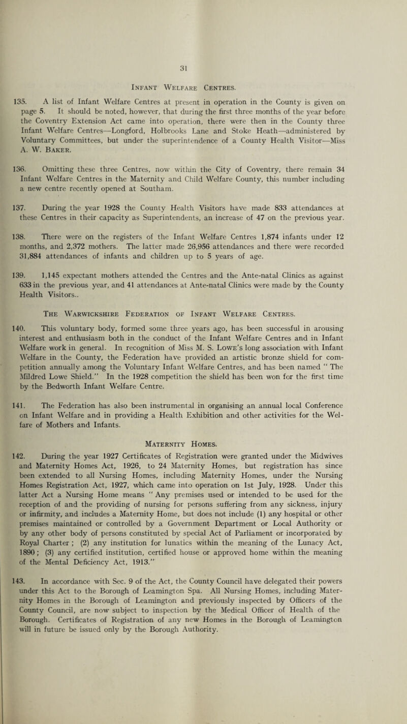 Infant Welfare Centres. 135. A list of Infant Welfare Centres at present in operation in the County is given on page 5. It should be noted, however, that during the first three months of the year before the Coventry Extension Act came into operation, there were then in the County three Infant Welfare Centres—Longford, Holbrooks Lane and Stoke Heath—administered by Voluntary Committees, but under the superintendence of a County Health Visitor—Miss A. W. Baker. 136. Omitting these three Centres, now within the City of Coventry, there remain 34 Infant Welfare Centres in the Maternity and Child Welfare County, this number including a new centre recently opened at Southam. 137. During the year 1928 the County Health Visitors have made 833 attendances at these Centres in their capacity as Superintendents, an increase of 47 on the previous year. 138. There were on the registers of the Infant Welfare Centres 1,874 infants under 12 months, and 2,372 mothers. The latter made 26,956 attendances and there were recorded 31,884 attendances of infants and children up to 5 years of age. 139. 1,145 expectant mothers attended the Centres and the Ante-natal Clinics as against 633 in the previous year, and 41 attendances at Ante-natal Clinics were made by the County Health Visitors.. The Warwickshire Federation of Infant Welfare Centres. 140. This voluntary body, formed some three years ago, has been successful in arousing interest and enthusiasm both in the conduct of the Infant Welfare Centres and in Infant Welfare work in general. In recognition of Miss M. S. Lowe’s long association with Infant Welfare in the County, the Federation have provided an artistic bronze shield for com¬ petition annually among the Voluntary Infant Welfare Centres, and has been named “ The Mildred Lowe Shield.” In the 1928 competition the shield has been won for the first time by the Bedworth Infant Welfare Centre. 141. The Federation has also been instrumental in organising an annual local Conference on Infant Welfare and in providing a Health Exhibition and other activities for the Wel¬ fare of Mothers and Infants. Maternity Homes. 142. During the year 1927 Certificates of Registration were granted under the Midwives and Maternity Homes Act, 1926, to 24 Maternity Homes, but registration has since been extended to all Nursing Homes, including Maternity Homes, under the Nursing Homes Registration Act, 1927, which came into operation on 1st July, 1928. Under this latter Act a Nursing Home means “ Any premises used or intended to be used for the reception of and the providing of nursing for persons suffering from any sickness, injury or infirmity, and includes a Maternity Home, but does not include (1) any hospital or other premises maintained or controlled by a Government Department or Local Authority or by any other body of persons constituted by special Act of Parliament or incorporated by Royal Charter ; (2) any institution for lunatics within the meaning of the Lunacy Act, 1890; (3) any certified institution, certified house or approved home within the meaning of the Mental Deficiency Act, 1913.” 143. In accordance with Sec. 9 of the Act, the County Council have delegated their powers under this Act to the Borough of Leamington Spa. All Nursing Homes, including Mater¬ nity Homes in the Borough of Leamington and previously inspected by Officers of the County Council, are now subject to inspection by the Medical Officer of Health of the Borough. Certificates of Registration of any new Homes in the Borough of Leamington will in future be issued only by the Borough Authority.