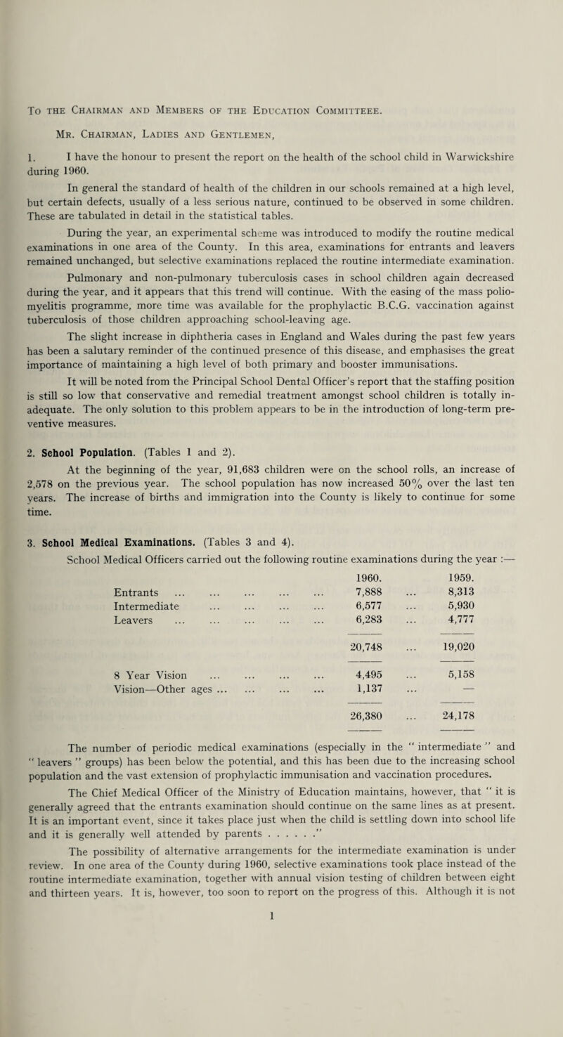 To the Chairman and Members of the Education Committeee. Mr. Chairman, Ladies and Gentlemen, 1. I have the honour to present the report on the health of the school child in Warwickshire during 1960. In general the standard of health of the children in our schools remained at a high level, but certain defects, usually of a less serious nature, continued to be observed in some children. These are tabulated in detail in the statistical tables. During the year, an experimental scheme was introduced to modify the routine medical examinations in one area of the County. In this area, examinations for entrants and leavers remained unchanged, but selective examinations replaced the routine intermediate examination. Pulmonary and non-pulmonary tuberculosis cases in school children again decreased during the year, and it appears that this trend will continue. With the easing of the mass polio¬ myelitis programme, more time was available for the prophylactic B.C.G. vaccination against tuberculosis of those children approaching school-leaving age. The slight increase in diphtheria cases in England and Wales during the past few years has been a salutary reminder of the continued presence of this disease, and emphasises the great importance of maintaining a high level of both primary and booster immunisations. It will be noted from the Principal School Dental Officer’s report that the staffing position is still so low that conservative and remedial treatment amongst school children is totally in¬ adequate. The only solution to this problem appears to be in the introduction of long-term pre¬ ventive measures. 2. School Population. (Tables 1 and 2). At the beginning of the year, 91,683 children were on the school rolls, an increase of 2,578 on the previous year. The school population has now increased 50% over the last ten years. The increase of births and immigration into the County is likely to continue for some time. 3. School Medical Examinations. (Tables 3 and 4). School Medical Officers carried out the following routine examinations during the year :— 1960. 1959. Entrants . 7,888 8,313 Intermediate . 6,577 5,930 Leavers . 6,283 4,777 20,748 19,020 8 Year Vision . 4,495 5,158 Vision—Other ages. . 1,137 ,. — 26,380 24,178 The number of periodic medical examinations (especially in the “ intermediate ” and “ leavers ” groups) has been below the potential, and this has been due to the increasing school population and the vast extension of prophylactic immunisation and vaccination procedures. The Chief Medical Officer of the Ministry of Education maintains, however, that “it is generally agreed that the entrants examination should continue on the same lines as at present. It is an important event, since it takes place just when the child is settling down into school life and it is generally well attended by parents.” The possibility of alternative arrangements for the intermediate examination is under review. In one area of the County during 1960, selective examinations took place instead of the routine intermediate examination, together with annual vision testing of children between eight and thirteen years. It is, however, too soon to report on the progress of this. Although it is not