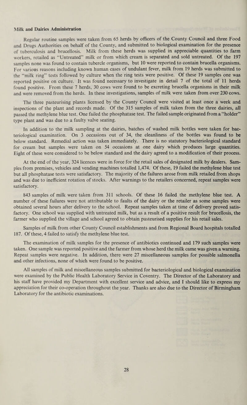 Milk and Dairies Administration Regular routine samples were taken from 65 herds by officers of the County Council and three Food and Drugs Authorities on behalf of the County, and submitted to biological examination for the presence of tuberculosis and brucellosis. Milk from these herds was supplied in appreciable quantities to farm workers, retailed as “Untreated” milk or from which cream is separated and sold untreated. Of the 197 samples none was found to contain tubercle organisms, but 10 were reported to contain brucella organisms. For various reasons including known human cases of undulant fever, milk from 19 herds was submitted to the “milk ring” tests followed by culture when the ring tests were positive. Of these 19 samples one was reported positive on culture. It was found necessary to investigate in detail 7 of the total of 11 herds found positive. From these 7 herds, 30 cows were found to be excreting brucella organisms in their milk and were removed from the herds. In these investigations, samples of milk were taken from over 230 cows. The three pasteurising plants licensed by the County Council were visited at least once a week and inspections of the plant and records made. Of the 315 samples of milk taken from the three dairies, all passed the methylene blue test. One failed the phosphatase test. The failed sample originated from a “holder” type plant and was due to a faulty valve seating. In addition to the milk sampling at the dairies, batches of washed milk bottles were taken for bac¬ teriological examination. On 3 occasions out of 34, the cleanliness of the bottles was found to be below standard. Remedial action was taken immediately. There is no statutory bacteriological standard for cream but samples were taken on 54 occasions at one dairy which produces large quantities. Eight of these were considered to be below standard and the dairy agreed to a modification of their process. At the end of the year, 324 licences were in force for the retail sales of designated milk by dealers. Sam¬ ples from premises, vehicles and vending machines totalled 1,474. Of these, 19 failed the methylene blue test but all phosphatase tests were satisfactory. The majority of the failures arose from milk retailed from shops and was due to inefficient rotation of stocks. After warnings to the retailers concerned, repeat samples were satisfactory. 843 samples of milk were taken from 311 schools. Of these 16 failed the methylene blue test. A number of these failures were not attributable to faults of the dairy or the retailer as some samples were obtained several hours after delivery to the school. Repeat samples taken at time of delivery proved satis¬ factory. One school was supplied with untreated milk, but as a result of a positive result for brucellosis, the farmer who supplied the village and school agreed to obtain pasteurised supplies for his retail sales. Samples of milk from other County Council establishments and from Regional Board hospitals totalled 187. Of these, 4 failed to satisfy the methylene blue test. The examination of milk samples for the presence of antibiotics continued and 179 such samples were taken. One sample was reported positive and the farmer from whose herd the milk came was given a warning. Repeat samples were negative. In addition, there were 27 miscellaneous samples for possible salmonella and other infections, none of which were found to be positive. All samples of milk and miscellaneous samples submitted for bacteriological and biological examination were examined by the Public Health Laboratory Service in Coventry. The Director of the Laboratory and his staff have provided my Department with excellent service and advice, and I should like to express my appreciation for their co-operation throughout the year. Thanks are also due to the Director of Birmingham Laboratory for the antibiotic examinations.