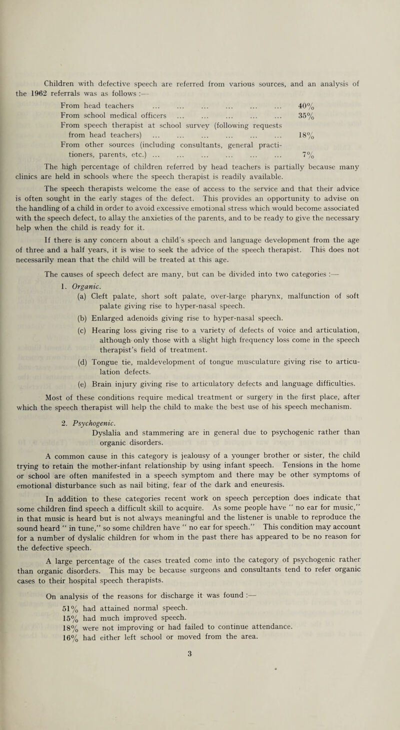 Children with defective speech are referred from various sources, and an analysis of the 1962 referrals was as follows :— From head teachers ... ... ... ... ... ... 40% From school medical officers ... ... ... ... ... 35% From speech therapist at school survey (following requests from head teachers) ... ... ... ... ... ... 18% From other sources (including consultants, general practi¬ tioners, parents, etc.) ... ... ... ... ... ... 7% The high percentage of children referred by head teachers is partially because many clinics are held in schools where the speech therapist is readily available. The speech therapists welcome the ease of access to the service and that their advice is often sought in the early stages of the defect. This provides an opportunity to advise on the handling of a child in order to avoid excessive emotional stress which would become associated with the speech defect, to allay the anxieties of the parents, and to be ready to give the necessary help when the child is ready for it. If there is any concern about a child’s speech and language development from the age of three and a half years, it is wise to seek the advice of the speech therapist. This does not necessarily mean that the child will be treated at this age. The causes of speech defect are many, but can be divided into two categories :— 1. Organic. (a) Cleft palate, short soft palate, over-large pharynx, malfunction of soft palate giving rise to hyper-nasal speech. (b) Enlarged adenoids giving rise to hyper-nasal speech. (c) Hearing loss giving rise to a variety of defects of voice and articulation, although only those with a slight high frequency loss come in the speech therapist’s field of treatment. (d) Tongue tie, maldevelopment of tongue musculature giving rise to articu¬ lation defects. (e) Brain injury giving rise to articulatory defects and language difficulties. Most of these conditions require medical treatment or surgery in the first place, after which the speech therapist will help the child to make the best use of his speech mechanism. 2. Psychogenic. Dyslalia and stammering are in general due to psychogenic rather than organic disorders. A common cause in this category is jealousy of a younger brother or sister, the child trying to retain the mother-infant relationship by using infant speech. Tensions in the home or school are often manifested in a speech symptom and there may be other symptoms of emotional disturbance such as nail biting, fear of the dark and eneuresis. In addition to these categories recent work on speech perception does indicate that some children find speech a difficult skill to acquire. As some people have “ no ear for music,” in that music is heard but is not always meaningful and the listener is unable to reproduce the sound heard “ in tune,” so some children have “ no ear for speech. This condition may account for a number of dyslalic children for whom in the past there has appeared to be no reason for the defective speech. A large percentage of the cases treated come into the category of psychogenic rather than organic disorders. This may be because surgeons and consultants tend to refer organic cases to their hospital speech therapists. On analysis of the reasons for discharge it was found :— 51% had attained normal speech. 15% had much improved speech. 18% were not improving or had failed to continue attendance. 16% had either left school or moved from the area.