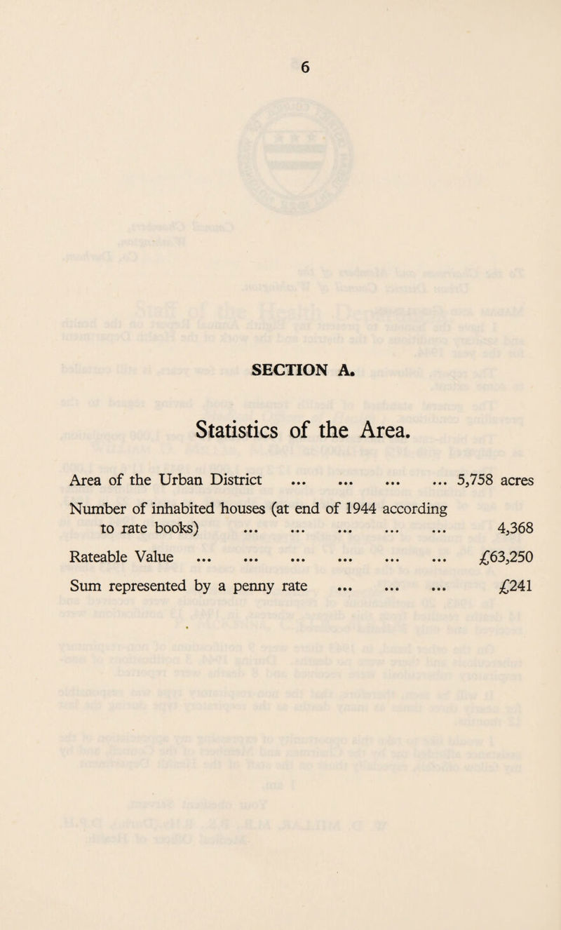 SECTION A. Statistics of the Area. Area of the Urban District . 5,758 acres Number of inhabited houses (at end of 1944 according to rate books) . 4,368 Rateable Value . £63,250 £241 Sum represented by a penny rate • • • • • • • • •