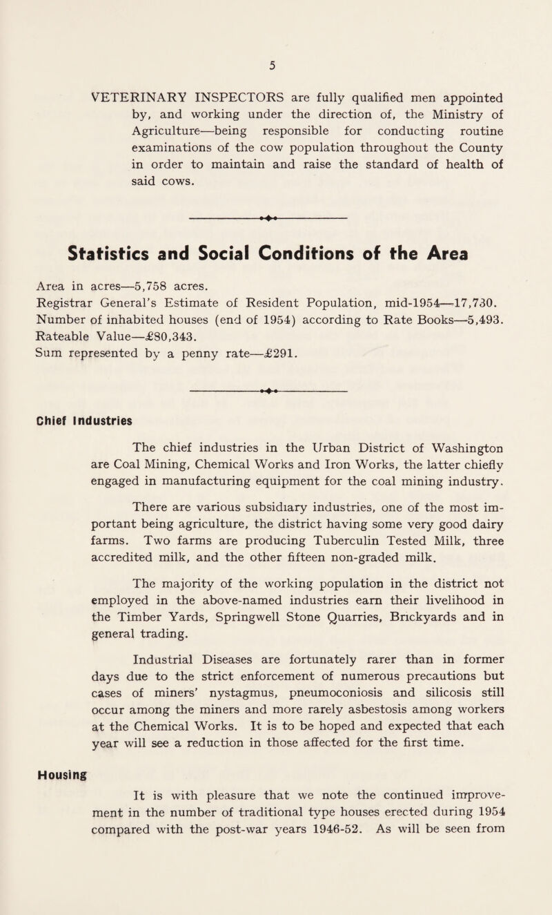 VETERINARY INSPECTORS are fully qualified men appointed by, and working under the direction of, the Ministry of Agriculture—being responsible for conducting routine examinations of the cow population throughout the County in order to maintain and raise the standard of health of said cows. —-- Statistics and Social Conditions of the Area Area in acres—5,758 acres. Registrar General's Estimate of Resident Population, mid-1954—-17,730. Number of inhabited houses (end of 1954) according to Rate Books—5,493. Rateable Value—£80,343. Sum represented by a penny rate—£291. -^- Chief industries The chief industries in the Urban District of Washington are Coal Mining, Chemical Works and Iron Works, the latter chiefly engaged in manufacturing equipment for the coal mining industry. There are various subsidiary industries, one of the most im¬ portant being agriculture, the district having some very good dairy farms. Two farms are producing Tuberculin Tested Milk, three accredited milk, and the other fifteen non-graded milk. The majority of the working population in the district not employed in the above-named industries earn their livelihood in the Timber Yards, Springwell Stone Quarries, Brickyards and in general trading. Industrial Diseases are fortunately rarer than in former days due to the strict enforcement of numerous precautions but cases of miners’ nystagmus, pneumoconiosis and silicosis still occur among the miners and more rarely asbestosis among workers at the Chemical Works. It is to be hoped and expected that each year will see a reduction in those affected for the first time. Housing It is with pleasure that we note the continued improve¬ ment in the number of traditional type houses erected during 1954 compared with the post-war years 1946-52. As will be seen from