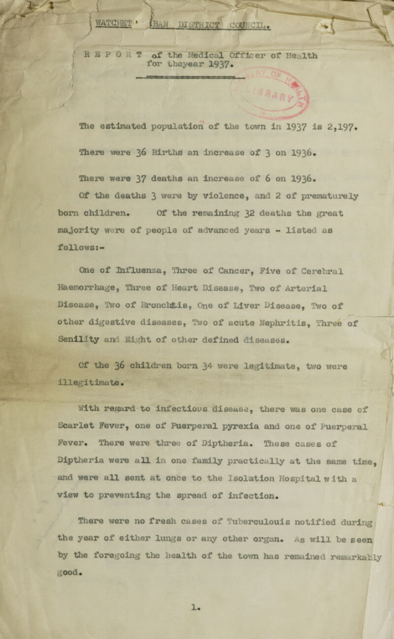 / / R B P 0 U T of the Medical Officer of Health for theyear 1937. The estimated population of the town in 1937 is 2,197. There were 36 Births an increase of 3 on 1936. There were 37 deaths an increase of 6 on 1936. Of the deaths 3 were by violence, and 2 of prematurely born children. Of the remaining 32 deaths the great majority w^re of people of advanced years - listed as follows One of Influenza, Three of Cancer, Five of Cerebral Haemorrhage, Three of Heart Disease, Two of Arterial Disease, Two of l^ronehfcis, One of Liver Disease, Two of other digestive diseases, Two of acute Nephritis, Three of Senility an; Sight of other defined diseases. Of the 36 children born 34 were legitimate, two were illegitimate. With regard to infectious disease, there was one case cf Leariet Fever, one of Puerperal pyrexia and one of Puerperal Fever. There were three of Diptheria. These cases of Diptheria were all in one family practically at the same time, and were all sent at once to the Isolation Hospital with a view to preventing the spread of infection. There were no fresh cases of Tuberculouis notified during the year of either lungs or any other organ. A3 will be seen by Hie foregoing the health of the town has remained remarkably good. 1