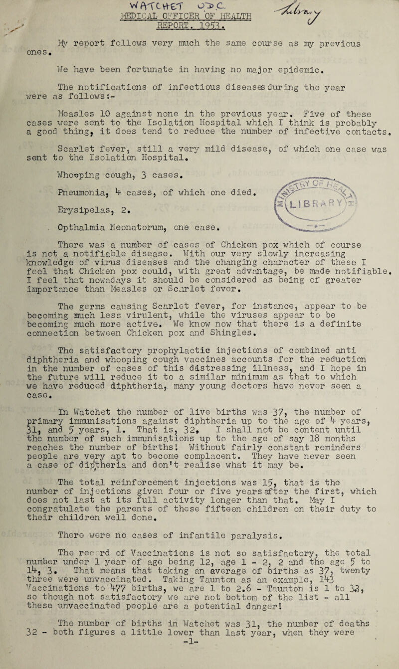 w^'Tcvve'T o~3>.c MEDICAL OFFICER OF HEALTH REPORT. 1953. Ify report follows very much the same course as my previous ones. We have been fortunate in having no major epidemic. The notifications of infectious diseases during the year were as follows Measles 10 against none in the previous year. Five of these cases were sent to the Isolation Hospital which I think is probably a good thing, it does tend to reduce the number of infective contacts Scarlet fever, still a very mild disease, of which one case was sent to the Isolation Hospital. Whooping cough, 3 cases. Pneumonia, 4 cases, of which one died. Erysipelas, 2. . Opthalmia Neonatorum, one case. There was a number of cases of Chicken pox which of course is not a notifiable disease. With our very slowly increasing knowledge of virus diseases and the changing character of these I feel that Chicken pox could, with great advantage, be made notifiable I feel that nowadays it should be considered as being of greater importance than Measles or Scarlet fever. The germs causing Scarlet fever, for instance, appear to be becoming much less virulent, while the viruses appear to be becoming much more active. We know now that there is a definite connection between Chicken pox and Shingles. The satisfactory prophylactic injections of combined anti diphtheria and whooping cough vaccines accounts for the reduction in the number of cases of this distressing illness, and I hope in the future will reduce it to a similar minimum as that to which we have reduced diphtheria,, many young doctors have never seen a case. In Watchet the number of live births was 37, the number of primary immunisations against diphtheria up to the age of k years, 31, and 5 years, 1. That is, 32, I shall not be content until the number of such immunisations up to the age of say 18 months reaches the number of births 1 Without fairly constant reminders people are very apt to become complacent. They have never seen a case of diphtheria and don’t realise what it may be. The total reinforcement injections was 15, that is the number of injections given four or five years after the first, which does not last at its full activity longer than that. May I congratulate the parents of these fifteen children on their duty to their children well done. There were no cases of infantile paralysis. The record of Vaccinations is not so satisfactory, the total number under 1 year of age being 12, age 1 - 2, 2 and the age 5 to 1*+, 3* That means that taking an average of births as 37, twenty three were unvaccinated. Taking Taunton as an example, 14-3 Vaccinations to 5-77 births, we are 1 to 2.6 - Taunton is 1 to 33, so though not satisfactory we are not bottom of the list - all these unvaccinated people are a potential danger! The number of births in Watchet was 31, the number of deaths 32 - both figures a little lower than last year, when they were -1-