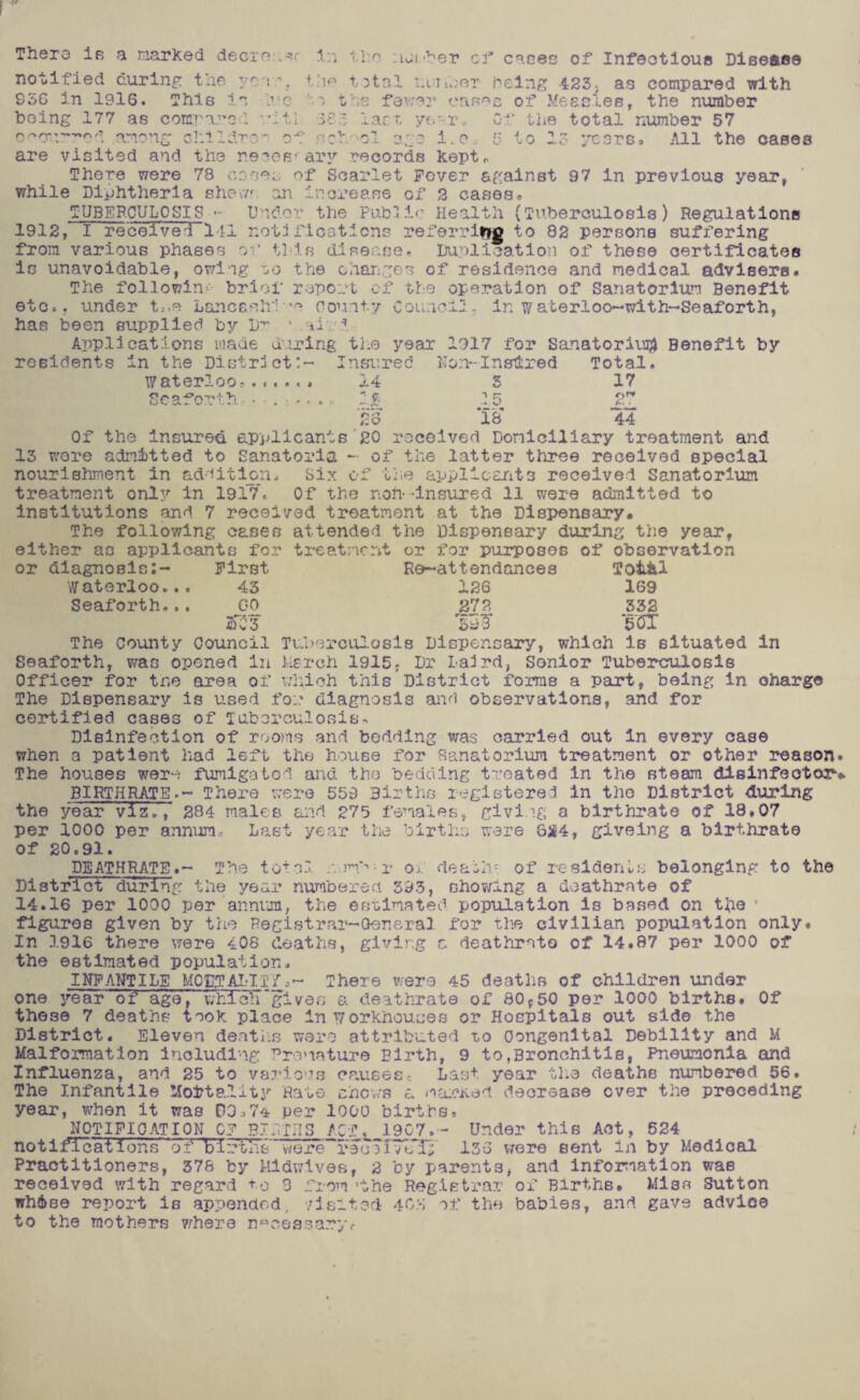 Thero Ib a marked deciou-^r Iri tko luii^er cd'' cases of Infeotloue Dlseftse notified curing tne '? t ^tal being 423; as compared with S56 in I9l6. This la '.’vc '•-/ tbe few'^:’ caa'^c of Measles, the number being 177 as comrarecl •.mtl 38;: last ye-n'o G-^' the total number 57 among cI:l?.dTcm o-^;' acb/'ol o.::o i.e.^ U- to 13 years a All the cases are visited and the r.eoce'‘ari^ records keptr There were 78 caoeo of Scarlet Fever against 97 in previous year, while Diphtheria shevr. on increase of 2 cases* TUBERCULOSIS - Under the Pablie Health (Tuberculosis) Regulations 1912, I received 1 11 notj rioaticns referrir»g to 82 persons suffering from various phases or this disease, Duplivcation of these certificates is unavoidable, owing to the chariges of residence and medical advisers. The followin- brief report of the operation of Sanatorium Benefit etc., under t..e Lancash': *? ooianty CoLincil; in waterlocm-with^-Seaforth, has been supplied by D:^ ‘ aird Applications made during tl^e year 1317 for Sanatorivi]?) Benefit by residents in the District:- Insured Hon‘-Inst!:red Total. Waterloo-..... . 14 5 17 Se af orth . 15 2':' 28 IS 44 Of the Insured uppllGants'20 received Domiciliary treatment and 13 wore admitted to Sanatoria - of the latter three received special nourishment in aduitlon. Six of ti.e applicarits received Sanatorium treatment only in 1917*. Of the noh-Insured 11 were admitted to institutions and 7 received treatment at the Dispensary. The following eases attended the Dispensary during the year, either as applicants for treati'icnt or for purposes of* observation or dlagnoslc:- First Re-attendances Totiil Waterloo... 43 126 169 Seaforth,.. GO 272 332 jOv.3 BDf 5(51 The County Council Tuhercitlosls Dispensary, which is situated In Seaforth, was opened in Msreh 1915; Dr LaJrd, Senior Tubei^culosls Officer for tne area of which this District forms a part, being in charge The Dispensary is used fo:? diagnosis and observations, and for certified cases of Tuberculosis- Disinfection of rooms and bedding was carried out In every case when a patient had left thej house for Sanatorium ti^atment or other reason. The houses wero fumlgatod and the bedding treated in the steam dlelnfeotor^.. BIRTHRATEThere v;ere 559 Births registered in the District during the year viz., 284 males and 275 females, givi ig a birthrate of 18.07 per 1000 per annum* Last year the births were 8^4, glveing a birthrate of 20.91. DEATH RATE.- The toto3 ..Tjm'-'- r of deaih- of regldenls belonging to the District during the year numbered 393, showing a deathrate of 14.16 per 1000 per annum, the estimated population is based on t^ie * figures given by the Registrar-General for the civilian population only. In 1916 there v^ere 408 deaths, giving a deathrato of 14.87 per 1000 of the estimated population. INFANTILE MOETADIIf*- There were 45 deaths of children under one I'^ear of age, whlch'giva.a a deathrate of 0Oy5O per 1000 births. Of these 7 deaths* took place in workhouses or Hospitals out side the District. Eleven deatlis were attributed to Oongenltal Debility and M Malformation including Rremature Birth, 9 to,Bronchitis, Pneumonia and Influenza, and 25 to variofUj csrises* Last year the deaths numbered 56. The Infantile Mortality Rate chows a maiei^ed decrease over the preceding year, when it was D0w4 per 1000 birt^s, NOTIFICATION CF BIfriIS ACT. 1907,- Under this Act, 524 notifications of births were“recoivtTiy 138 v;ere sent in by Medical Practitioners, 378 by Mldv/lves, 2 by parents, and Inforr'iation was received with regard 9 from ‘the Registrar of Births. Miss Sutton whis© report is appended, -/Isited dcs of the babies, and gave advice to the mothers v;here n^cessaryr
