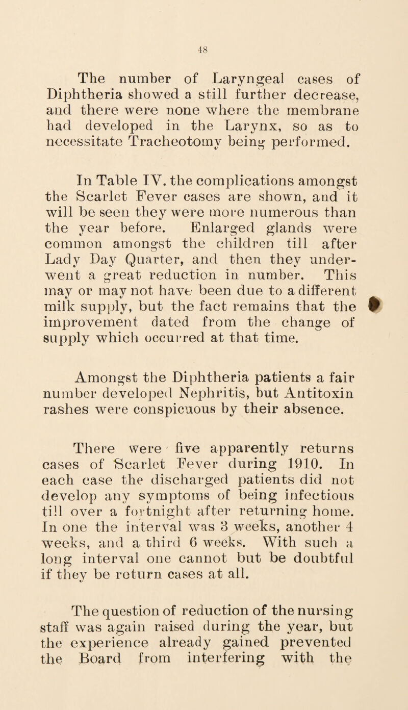 The number of Laryngeal cases of Diphtheria showed a still further decrease, and there were none where the membrane had developed in the Larynx, so as to necessitate Tracheotomy being performed. In Table IV. the complications amongst the Scarlet Fever cases are shown, and it will be seen they were more numerous than the year before. Enlarged glands were common amongst the children till after Lady Day Quarter, and then they under¬ went a great reduction in number. This may or may not have been due to a different milk supply, but the fact remains that the ^ improvement dated from the change of supply which occurred at that time. Amongst the Diphtheria patients a fair number developed Nephritis, but Antitoxin rashes were conspicuous by their absence. There were' five apparently returns cases of 'Scarlet Fever during 1910. In each case the discharged patients did not develop any symptoms of being infectious till over a fortnight after returning home. In one the interval was 3 weeks, another 4 weeks, and a third 6 weeks. With such a long interval one cannot but be doubtful if they be return cases at all. The question of reduction of the nursing- staff was again raised during the year, but the experience already gained prevented the Board from interfering with the
