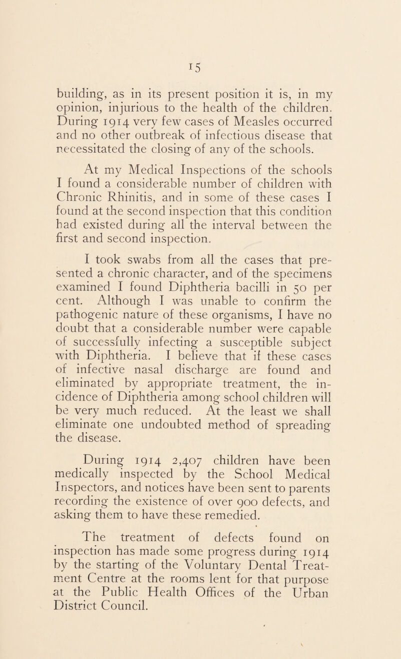 building, as in its present position it is, in my opinion, injurious to the health of the children. During 1914 very few cases of Measles occurred and no other outbreak of infectious disease that necessitated the closing of any of the schools. At my Medical Inspections of the schools I found a considerable number of children with Chronic Rhinitis, and in some of these cases I found at the second inspection that this condition had existed during all the interval between the first and second inspection. I took swabs from all the cases that pre¬ sented a chronic character, and of the specimens examined I found Diphtheria bacilli in 50 per cent. Although I was unable to confirm the pathogenic nature of these organisms, I have no doubt that a considerable number were capable of successfully infecting a susceptible subject with Diphtheria. I believe that if these cases of infective nasal discharge are found and eliminated by appropriate treatment, the in¬ cidence of Diphtheria among school children will be very much reduced. At the least we shall eliminate one undoubted method of spreading the disease. During 1914 2,407 children have been medically inspected by the School Medical Inspectors, and notices have been sent to parents recording the existence of over 900 defects, and asking them to have these remedied. The treatment of defects found on inspection has made some progress during 1914 by the starting of the Voluntary Dental Treat¬ ment Centre at the rooms lent for that purpose at the Public Health Offices of the Urban District Council. v