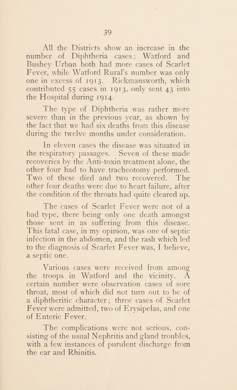 All the Districts show an increase in the number of Diphtheria cases; Watford and Bushey Urban both had more cases of Scarlet Fever, while Watford Rural’s number was only one in excess of 1913. Rickmansworth, which contributed 55 cases in 1913, only sent 43 into the Hospital during 1914. The type of Diphtheria was rather more severe than in the previous year, as shown by the fact that we had six deaths from this disease during the twelve months under consideration. In eleven cases the disease was situated 111 the respiratory passages. Seven of these made recoveries by the Anti-toxin treatment alone, the other four had to have tracheotomy performed. Two of these died and two recovered. The other four deaths were due to heart failure, after the condition of the throats had quite cleared up. The cases of Scarlet Fever were not of a bad type, there being only one death amongst those sent in as suffering from this disease. This fatal case, in my opinion, was one of septic infection in the abdomen, and the rash which led to the diagnosis of Scarlet Fever was, I believe, a septic one. Various cases were received from among the troops in Watford and the vicinity. A certain number were observation cases of sore throat, most of which did not turn out to be of a diphtheritic character; three cases of Scarlet Fever were admitted, two of Erysipelas, and one of Enteric Fever. The complications were not serious, con¬ sisting of the usual Nephritis and gland troubles, with a few instances of purulent discharge from the ear and Rhinitis.