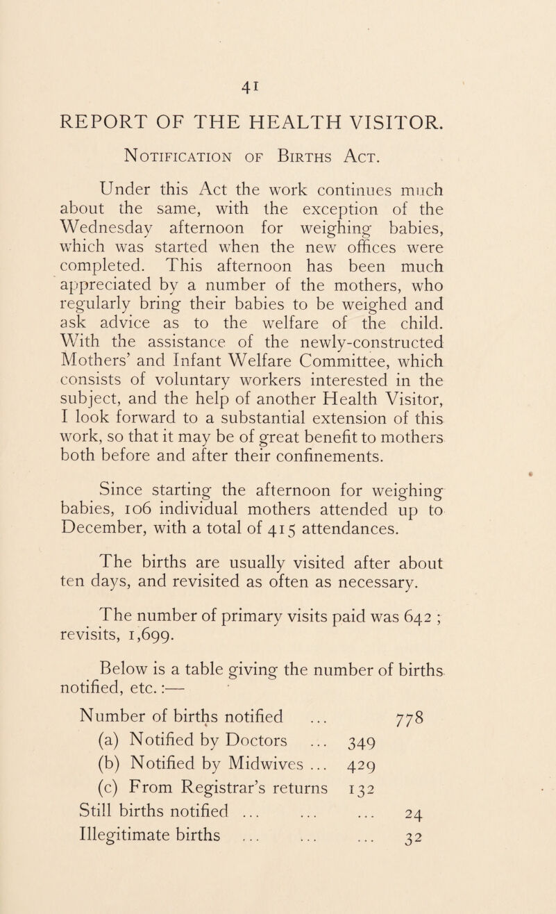 REPORT OF THE HEALTH VISITOR. Notification of Births Act. Under this Act the work continues much about the same, with the exception of the Wednesday afternoon for weighing- babies, which was started when the new offices were completed. This afternoon has been much appreciated by a number of the mothers, who regularly bring their babies to be weighed and ask advice as to the welfare of the child. With the assistance of the newly-constructed Mothers’ and Infant Welfare Committee, which consists of voluntary workers interested in the subject, and the help of another Health Visitor, I look forward to a substantial extension of this work, so that it may be of great benefit to mothers both before and after their confinements. Since starting the afternoon for weighing babies, 106 individual mothers attended up to December, with a total of 415 attendances. The births are usually visited after about ten days, and revisited as often as necessary. The number of primary visits paid was 642 ; revisits, 1,699. Below is a table giving the number of births notified, etc.:— Number of births notified (a) Notified by Doctors (b) Notified by Midwives ... (c) From Registrar’s returns Still births notified ... Illegitimate births 349 429 132 24 32