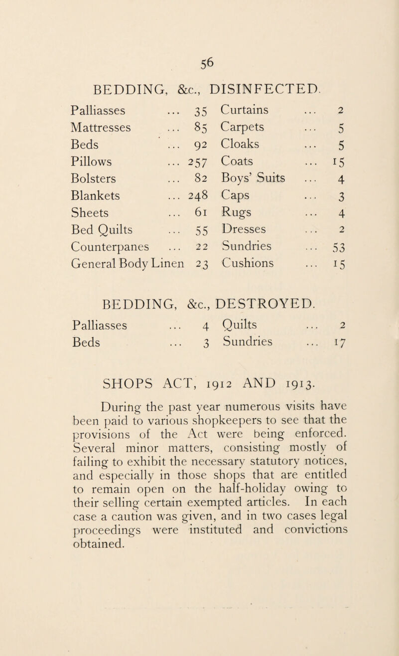 BEDDING, &c., DISINFECTED. Palliasses 35 Curtains 2 Mattresses ... 85 Carpets 5 Beds 92 Cloaks 5 Pillows 257 Coats i5 Bolsters 82 Boys’ Suits 4 Blankets 248 Caps 3 Sheets 61 Rugs 4 Bed Quilts 55 Dresses 2 Counterpanes 22 Sundries 53 General Body Linen 23 Cushions 15 BEDDING, &c„ DESTROYED. Palliasses 4 Quilts 2 Beds 3 Sundries 17 SHOPS ACT, 1912 AND 1913. During the past year numerous visits have been paid to various shopkeepers to see that the provisions of the Act were being enforced. Several minor matters, consisting mostly of failing to exhibit the necessary statutory notices, and especially in those shops that are entitled to remain open on the half-holiday owing to their selling certain exempted articles. In each case a caution was given, and in two cases legal proceedings were instituted and convictions obtained.