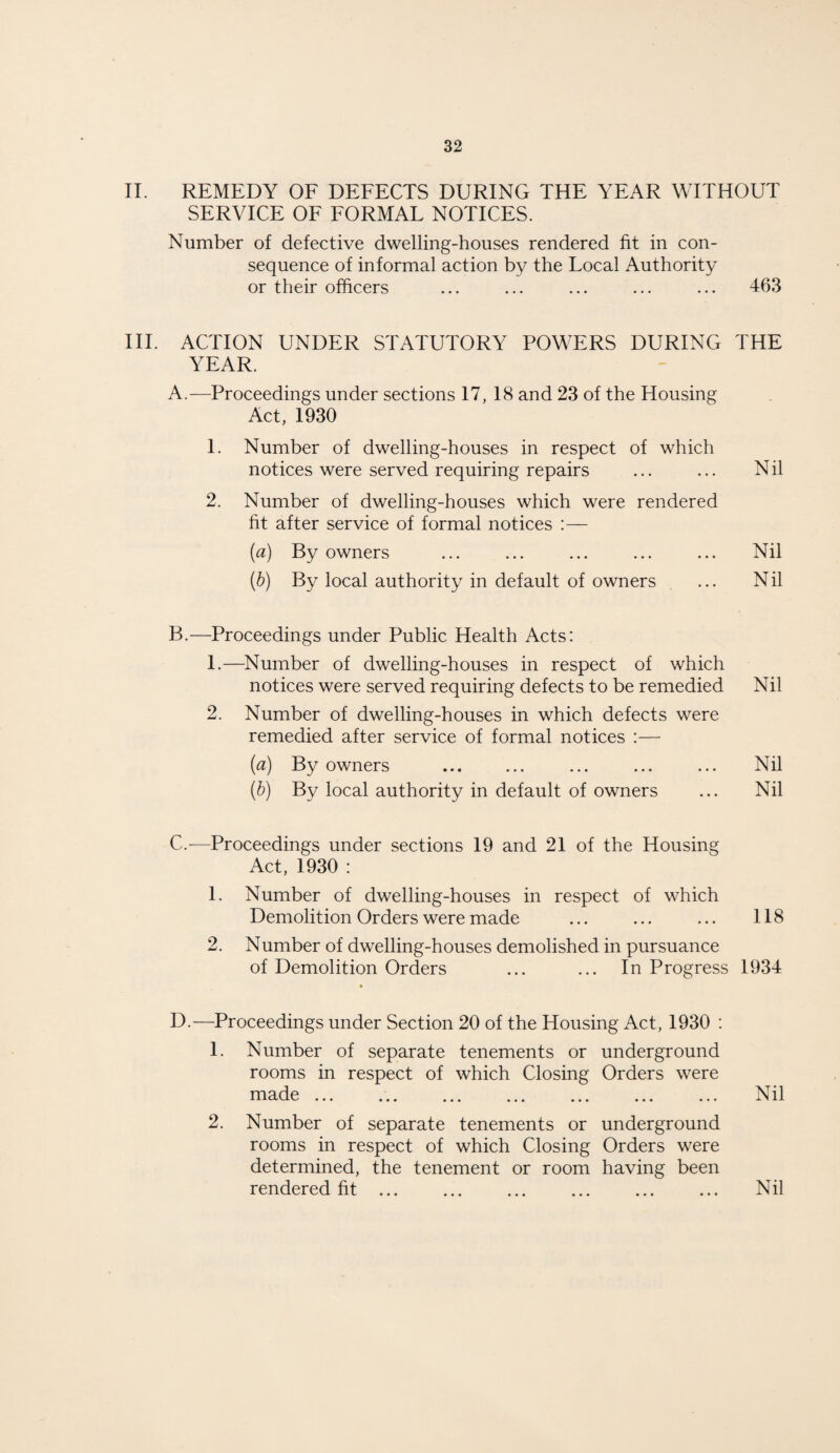 II. REMEDY OF DEFECTS DURING THE YEAR WITHOUT SERVICE OF FORMAL NOTICES. Number of defective dwelling-houses rendered fit in con¬ sequence of informal action by the Local Authority or their officers ... ... ... ... ... 463 III. ACTION UNDER STATUTORY POWERS DURING THE YEAR. A. —Proceedings under sections 17, 18 and 23 of the Housing Act, 1930 1. Number of dwelling-houses in respect of which notices were served requiring repairs ... ... Nil 2. Number of dwelling-houses which were rendered fit after service of formal notices :— (a) By owners ... ... ... ... ... Nil (b) By local authority in default of owners ... N il B. —Proceedings under Public Health Acts: 1. —Number of dwelling-houses in respect of which notices were served requiring defects to be remedied Nil 2. Number of dwelling-houses in which defects were remedied after service of formal notices :— (a) By owners ... ... ... ... ... Nil (b) By local authority in default of owners ... Nil C. -—Proceedings under sections 19 and 21 of the Housing Act, 1930 : 1. Number of dwelling-houses in respect of which Demolition Orders were made ... ... ... 118 2. Number of dwelling-houses demolished in pursuance of Demolition Orders ... ... In Progress 1934 D.—Proceedings under Section 20 of the Housing Act, 1930 : 1. Number of separate tenements or underground rooms in respect of which Closing Orders were made. Nil 2. Number of separate tenements or underground rooms in respect of which Closing Orders were determined, the tenement or room having been rendered fit. Nil