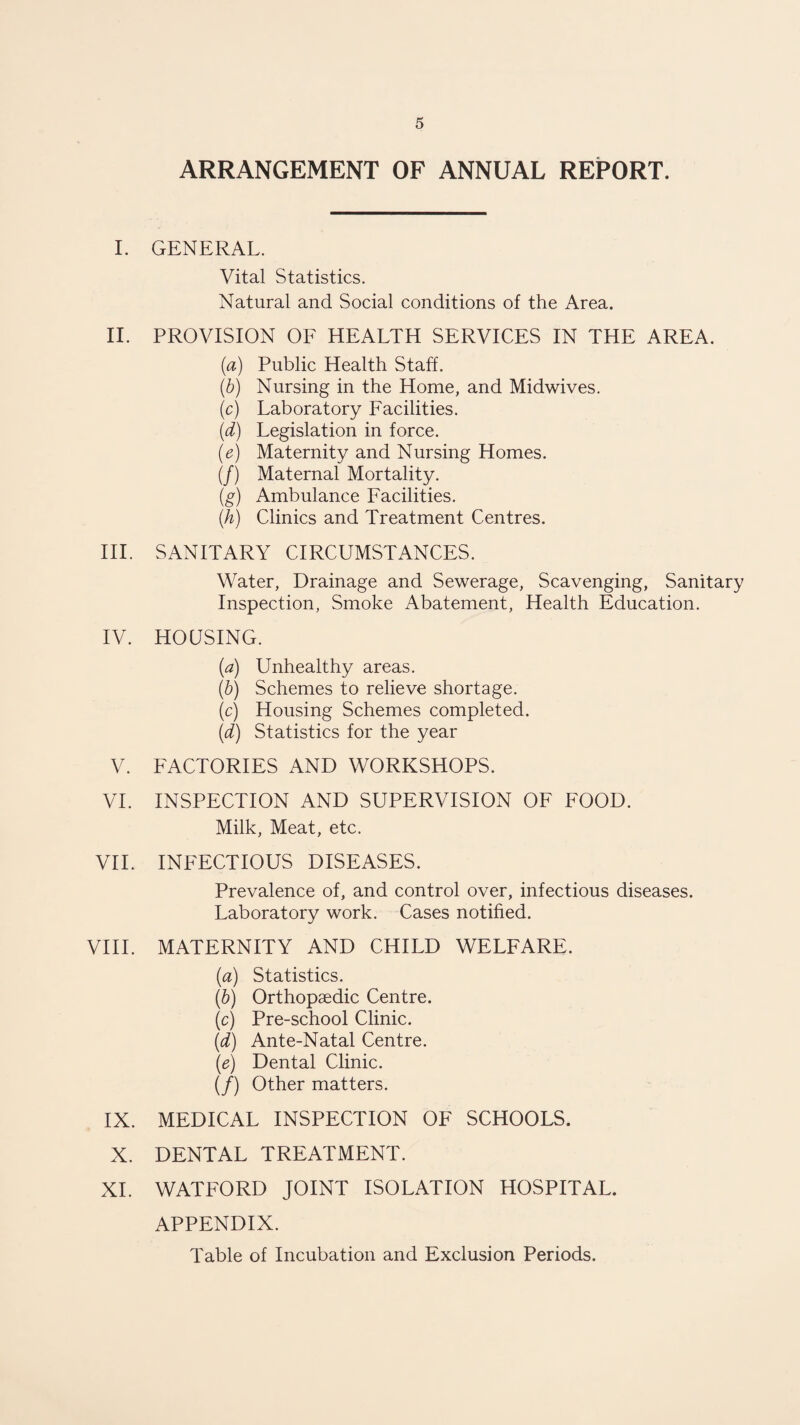 ARRANGEMENT OF ANNUAL REPORT. I. GENERAL. Vital Statistics. Natural and Social conditions of the Area. II. PROVISION OF HEALTH SERVICES IN THE AREA. (a) Public Health Staff. (b) Nursing in the Home, and Midwives. (c) Laboratory Facilities. (d) Legislation in force. (e) Maternity and Nursing Homes. (/) Maternal Mortality. (g) Ambulance Facilities. (h) Clinics and Treatment Centres. III. SANITARY CIRCUMSTANCES. Water, Drainage and Sewerage, Scavenging, Sanitary Inspection, Smoke Abatement, Health Education. IV. HOUSING. (a) Unhealthy areas. (b) Schemes to relieve shortage. (c) Housing Schemes completed. (d) Statistics for the year V. FACTORIES AND WORKSHOPS. VI. INSPECTION AND SUPERVISION OF FOOD. Milk, Meat, etc. VII. INFECTIOUS DISEASES. Prevalence of, and control over, infectious diseases. Laboratory work. Cases notified. VIII. MATERNITY AND CHILD WELFARE. (a) Statistics. (b) Orthopaedic Centre. (c) Pre-school Clinic. (d) Ante-Natal Centre. (e) Dental Clinic. (/) Other matters. IX. MEDICAL INSPECTION OF SCHOOLS. X. DENTAL TREATMENT. XI. WATFORD JOINT ISOLATION HOSPITAL. APPENDIX. Table of Incubation and Exclusion Periods.