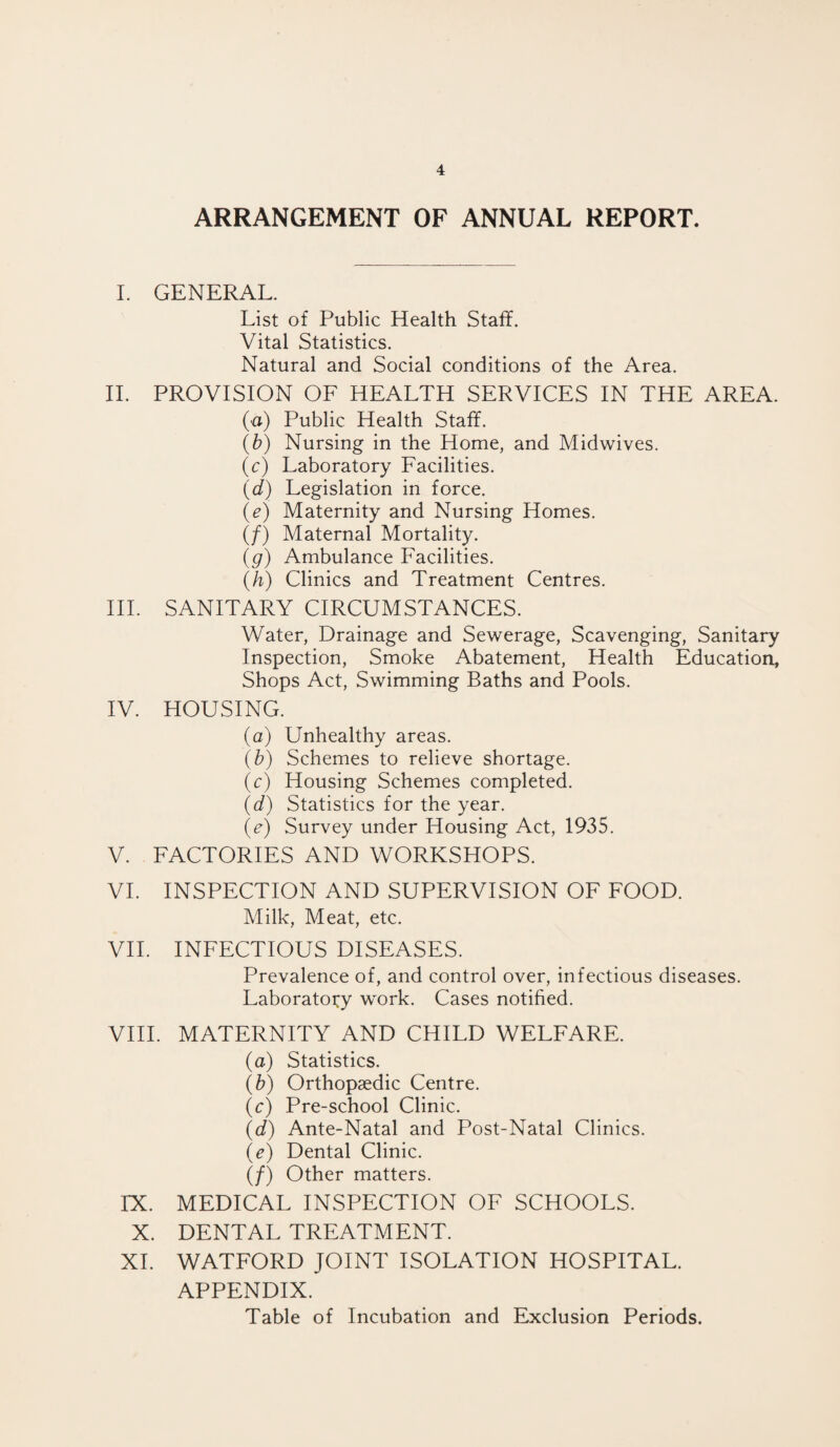 ARRANGEMENT OF ANNUAL REPORT. I. GENERAL. List of Public Health Staff. Vital Statistics. Natural and Social conditions of the Area. II. PROVISION OF HEALTH SERVICES IN THE AREA. (a) Public Health Staff. (b) Nursing in the Home, and Midwives. (c) Laboratory Facilities. (d) Legislation in force. (e) Maternity and Nursing Homes. (/) Maternal Mortality. (g) Ambulance Facilities. (h) Clinics and Treatment Centres. III. SANITARY CIRCUMSTANCES. Water, Drainage and Sewerage, Scavenging, Sanitary Inspection, Smoke Abatement, Health Education, Shops Act, Swimming Baths and Pools. IV. HOUSING. (a) Unhealthy areas. (b) Schemes to relieve shortage. (c) Housing Schemes completed. (d) Statistics for the year. (e) Survey under Housing Act, 1935. V. FACTORIES AND WORKSHOPS. VI. INSPECTION AND SUPERVISION OF FOOD. Milk, Meat, etc. VII. INFECTIOUS DISEASES. Prevalence of, and control over, infectious diseases. Laboratory work. Cases notified. VIII. MATERNITY AND CHILD WELFARE. (a) Statistics. (b) Orthopaedic Centre. (c) Pre-school Clinic. (d) Ante-Natal and Post-Natal Clinics. (e) Dental Clinic. (/) Other matters. IX. MEDICAL INSPECTION OF SCHOOLS. X. DENTAL TREATMENT. XI. WATFORD JOINT ISOLATION HOSPITAL. APPENDIX. Table of Incubation and Exclusion Periods.