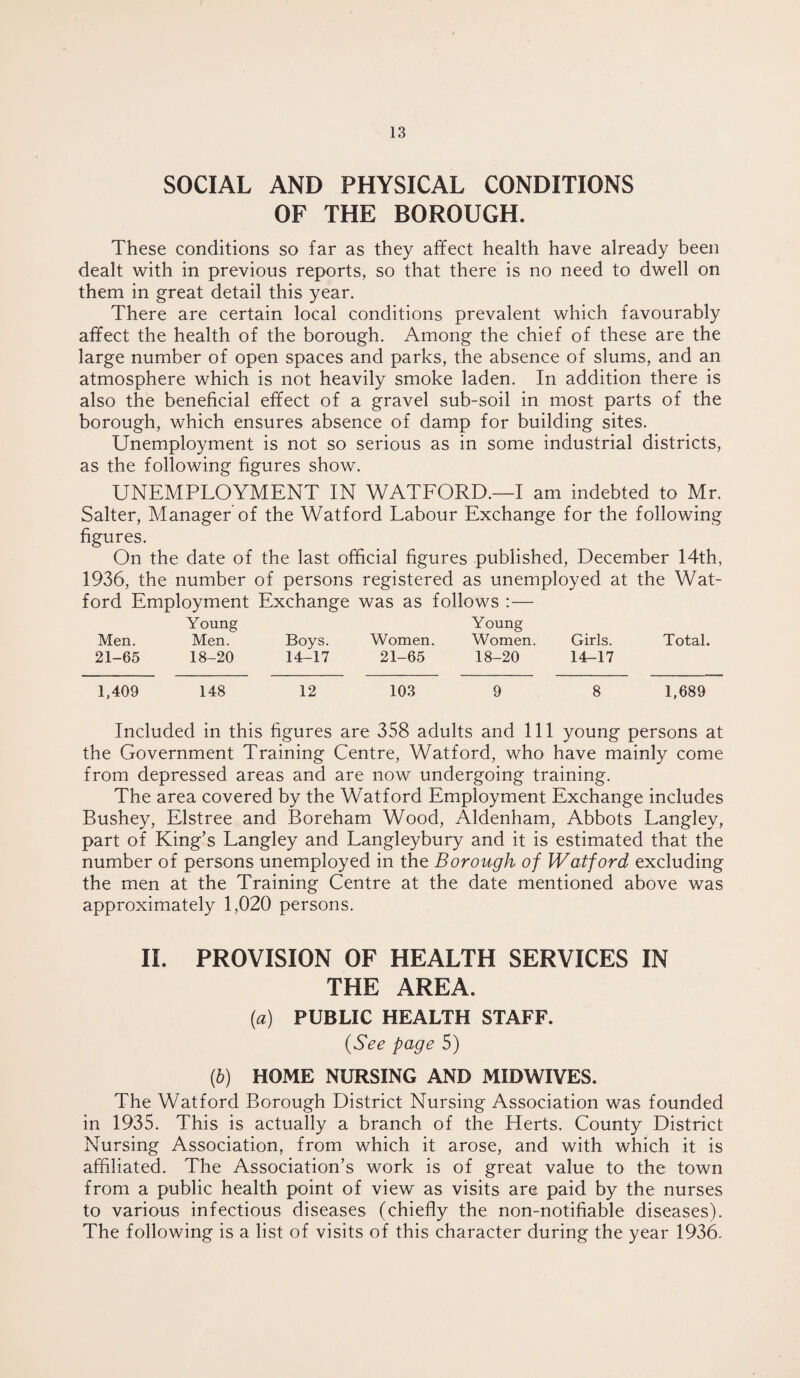 SOCIAL AND PHYSICAL CONDITIONS OF THE BOROUGH. These conditions so far as they affect health have already been dealt with in previous reports, so that there is no need to dwell on them in great detail this year. There are certain local conditions prevalent which favourably affect the health of the borough. Among the chief of these are the large number of open spaces and parks, the absence of slums, and an atmosphere which is not heavily smoke laden. In addition there is also the beneficial effect of a gravel sub-soil in most parts of the borough, which ensures absence of damp for building sites. Unemployment is not so serious as in some industrial districts, as the following figures show. UNEMPLOYMENT IN WATFORD.—I am indebted to Mr. Salter, Manager of the Watford Labour Exchange for the following figures. On the date of the last official figures published, December 14th, 1936, the number of persons registered as unemployed at the Wat- ford Employment Exchange was as follows :— Young Young Men. Men. Boys. Women. Women. Girls. Total. 21-65 18-20 14-17 21-65 18-20 14-17 1,409 148 12 103 9 8 1,689 Included in this figures are 358 adults and 111 young persons at the Government Training Centre, Watford, who have mainly come from depressed areas and are now undergoing training. The area covered by the Watford Employment Exchange includes Bushey, Elstree and Boreham Wood, Aldenham, Abbots Langley, part of King’s Langley and Langleybury and it is estimated that the number of persons unemployed in the Borough of Watford excluding the men at the Training Centre at the date mentioned above was approximately 1,020 persons. II. PROVISION OF HEALTH SERVICES IN THE AREA. (a) PUBLIC HEALTH STAFF. (,See page 5) (b) HOME NURSING AND MIDWIVES. The Watford Borough District Nursing Association was founded in 1935. This is actually a branch of the Herts. County District Nursing Association, from which it arose, and with which it is affiliated. The Association’s work is of great value to the town from a public health point of view as visits are paid by the nurses to various infectious diseases (chiefly the non-notifiable diseases). The following is a list of visits of this character during the year 1936.