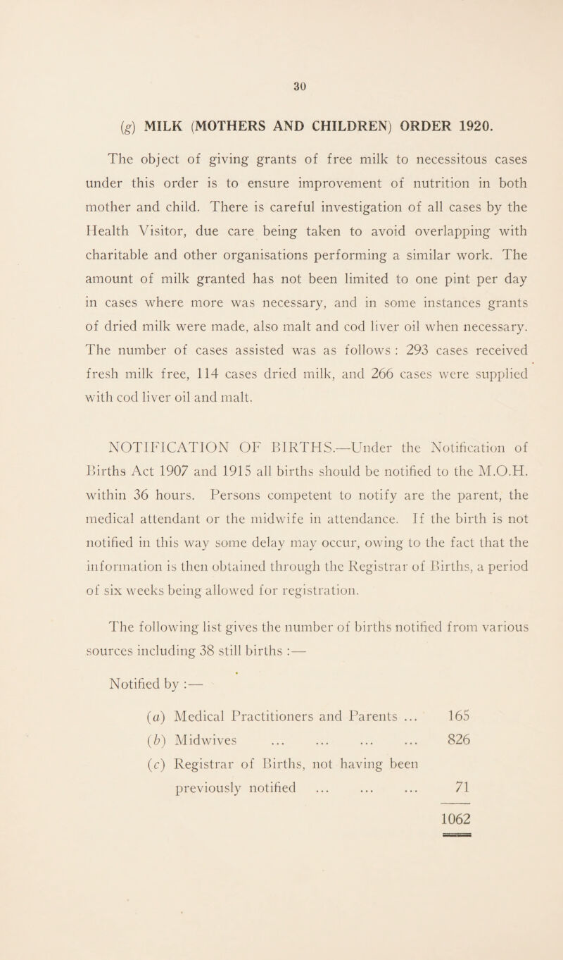 (g) MILK (MOTHERS AND CHILDREN) ORDER 1920. The object of giving grants of free milk to necessitous cases under this order is to ensure improvement of nutrition in both mother and child. There is careful investigation of all cases by the Health Visitor, due care being taken to avoid overlapping with charitable and other organisations performing a similar work. The amount of milk granted has not been limited to one pint per day in cases where more was necessary, and in some instances grants of dried milk were made, also malt and cod liver oil when necessary. The number of cases assisted was as follows : 293 cases received fresh milk free, 114 cases dried milk, and 266 cases were supplied with cod liver oil and malt. NOTIFICATION OF BIRTHS.—Under the Notification of Births Act 1907 and 1915 all births should be notified to the M.O.H. within 36 hours. Persons competent to notify are the parent, the medical attendant or the midwife in attendance. If the birth is not notified in this way some delay may occur, owing to the fact that the information is then obtained through the Registrar of Births, a period of six weeks being allowed for registration. The following list gives the number of births notified from various sources including 38 still births : — Notified by :— (a) Medical Practitioners and Parents ... 165 (b) Midwives ... ... ... ... 826 (c) Registrar of Births, not having been previously notified ... ... ... 71 1062