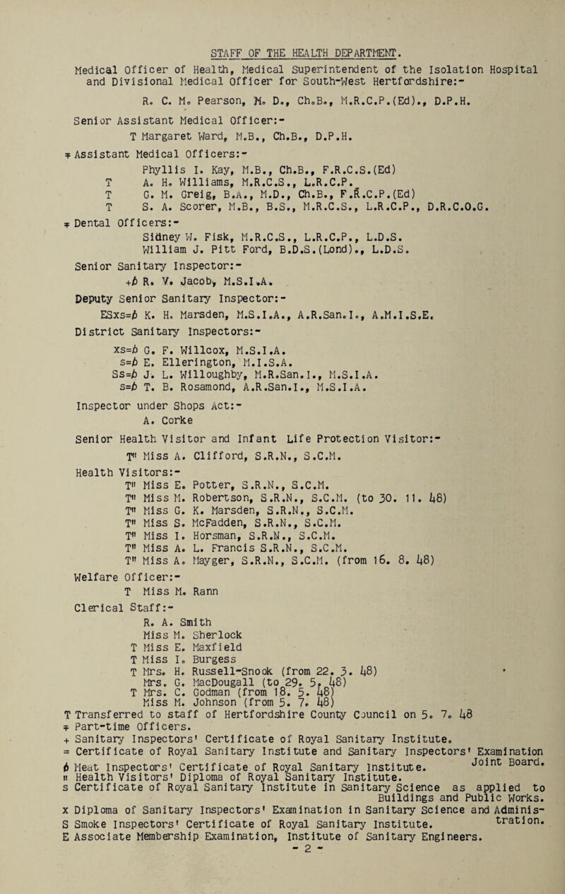 STAFF OF THE HEALTH DEPARTMENT. Medical Officer of Health, Medical Superintendent of the Isolation Hospital and Divisional Medical Officer for South-West Hertfordshire:- R. C. Mo Pearson, Mo D., 0hoB., M.R.C.P.(Ed)., D.P.H. Senior Assistant Medical Officer:- T Margaret Ward, M.B., Ch.B., D.P.H. =f Assistant Medical Officers:- Phyllis I. Kay, M.B., Ch.B., F.R.C.S.(Ed) T A. H, Williams, M.R.C.S., L.R.C.P._ T G. M. Greig, B.A., M.D., Ch.B., F.R.C.P.(Ed) T S. A. Scorer, M.B., B.S., M.R.C.S., L.R.C.P., D.R.C.O.G. t Dental Officers:- Sidney W. Fisk, M.R.C.S., L.R.C.P., L.D.S. William J. Pitt Ford, B.D.S.(Lond)., L.D.S, Senior Sanitary Inspector:- +4 R. /• Jacob, M.S.I.A. Deputy Senior Sanitary Inspector:- ESxs=/5 K. H. Marsden, M.S.I.A., A.R.San. I., A.M.I.S.E. District Sanitary Inspectors:- xs=j6 G. F. Willcox, M.S.I.A. s=j6 E. Ellerington, M.I.S.A. Ss=4 J. L. Willoughby, M.R.San.I., M.S.I.A. s=4 T. B. Rosamond, A.R.San.I., M.S.I.A. Inspector under Shops Act:- A. Corke Senior Health Visitor and Infant Life Protection Visitor:- T Miss A. Clifford, S.R.N., 3.C.M. Health Visitors:- T” Miss E. Potter, S.R.N., S.C.M. T Miss M. Robertson, S.R.N., S.C.M. (to 30. 11. 48) T Miss G. K. Marsden, S.R.N., S.C.M. T Miss S. McFadden, S.R.N., S.C.M. T Miss I. Horsman, S.R.N., S.C.M. T Miss A. L. Francis S.R.N., S.C.M. T Miss A. Mayger, S.R.N., S.C.M. (from 16. 8. 48) Welfare Officer:- T Miss M. Rann Clerical Staff:- R. A. Smith Miss M. Sherlock. T Miss E. Maxfield T Miss I. Burgess T Mrs. H. Russell-Snook (from 22. 3. 48) Mrs. G. MacDougall (to 29. 5. 48) T Mrs. C. Godman (from 18. 5. 48) Miss M. Johnson (from 5. 7. 48) T Transferred to staff of Hertfordshire County Council on 5. 7* 48 Part-time Officers. Sanitary Inspectors' Certificate of Royal Sanitary Institute. Certificate of Royal Sanitary Institute and Sanitary Inspectors' Examination Meat Inspectors' Certificate of Royal Sanitary Institute. Joint Board. Health Visitors' Diploma of Royal Sanitary Institute. Certificate of Royal Sanitary Institute in sanitary Science as applied to Buildings and Public works. Diploma of Sanitary Inspectors' Examination in Sanitary Science and Adminis- Smoke Inspectors' Certificate of Royal Sanitary Institute. tration. Institute of Sanitary Engineers.