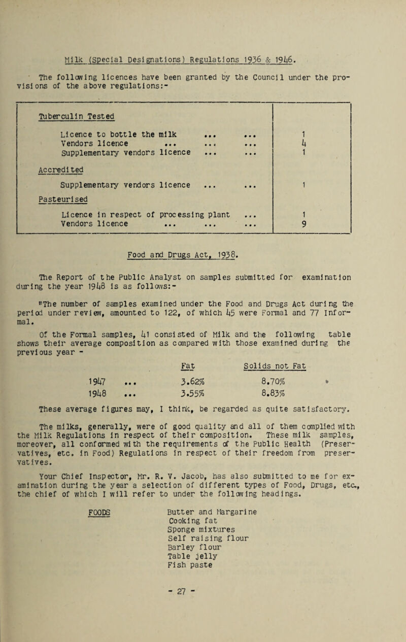 Milk (special Designations) Regulations 1936 & 191+6. The following licences have been granted by the Council under the pro' visions of the above regulations:- Tuberculin Tested Licence to bottle the milk ... ... 1 Vendors licence ... k Supplementary vendors licence 1 Accredited Supplementary vendors licence 1 Pasteurised Licence in respect of processing plant 1 Vendors licence 9 Food and Drugs Act, 1938. The Report of the Public Analyst on samples submitted for examination during the year 191+8 is as follows:- The number of samples examined under the Food and Drugs Act during the period under review, amounted to 122, of which 1+5 were Formal and 77 Infor¬ mal. Of the Formal samples, 1+1 consisted of Milk and the following table shows their average composition as compared with those examined during the previous year - Fat Solids not Fat 1947 ... 3.62% 8.70% * 191+8 ... 3.5 5% 8.83% These average figures may, I think, be regarded as quite satisfactory. The milks, generally, were of good quality and all of them complied with the Milk Regulations in respect of their composition. These milk samples, moreover, all conformed with the requirements of the Public Health (Preser¬ vatives, etc. in Food) Regulations in respect of their freedom from preser¬ vatives. Your Chief Inspector, Mr. R. V. Jacob, has also submitted to me for ex¬ amination during the year a selection of different types of Food, Drugs, etc., the chief of which I will refer to under the following headings. FOODS Butter and Margarine Cooking fat Sponge mixtures Self raising flour Barley flour Table jelly Fish paste