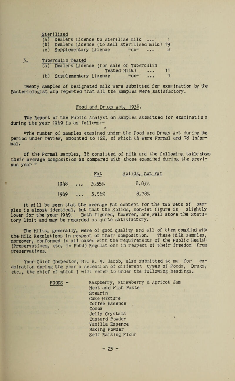 Steri Used (a) Dealers Licence to sterilise milk ... 1 (b) Dealers Licence (to sell sterilised milk) 19 tc) Supplementary Licence -do- ... 2 3. Tuberculin Tested (a) Dealers Licence (for sale of Tuberculin Tested Milk) ... 11 (b) Supplementary Licence -do- ... 1 Twenty samples of Designated milk were submitted for' exairinatlon by tbe Bacteriologist who reported that all the samples were satisfactory. Food and Drugs Act, 1935. The Report of the Public Analyst on samples submitted for examination during the year 19^9 is as follows:- « ’'The number of samples examined under the Food and Drugs Act during the period under review, amounted to 122, of which were Formal and 78 infor¬ mal. Of the Formal samples, 38 consisted of Milk and the following table Sms their average composition as compared with those examined during the previ¬ ous year - Fat Solids, not Fat 1948 ... 3.55% 8.83% 19U9 ... 3.56% 8,78% It will be seen that the average Fat content for the two sets of sam¬ ples is almost identical, but that the Solids, non-fat figure is slightly lower for the year 19h9. Both figures, however, are.well above the statu¬ tory limit and may be regarded as quite satisfactory. The Milks, generally, were of good quality and all of them complied with the Milk Regulations in respect of their composition. These Milk samples, moreover, conformed in all cases with the requirements of the Public Health (Preservatives, etc, in Food) Regulations in respect of their freedom from preservatives. Your Chief Inspector, Mr. R. Y. Jacob, also submitted to me for ex¬ amination during the year a selection of different types of Foods, Drugs, etc,, the chief of which 1 will refer to under the following headings. FOODS - Raspberry, Strawberry & Apricot Jam Meat and Fish Paste Stearin Cake Mixture Coffee Essence Cocoa Jelly Crystals Custard Powder- Vanilla Essence Baking Powder Self Raising Flour