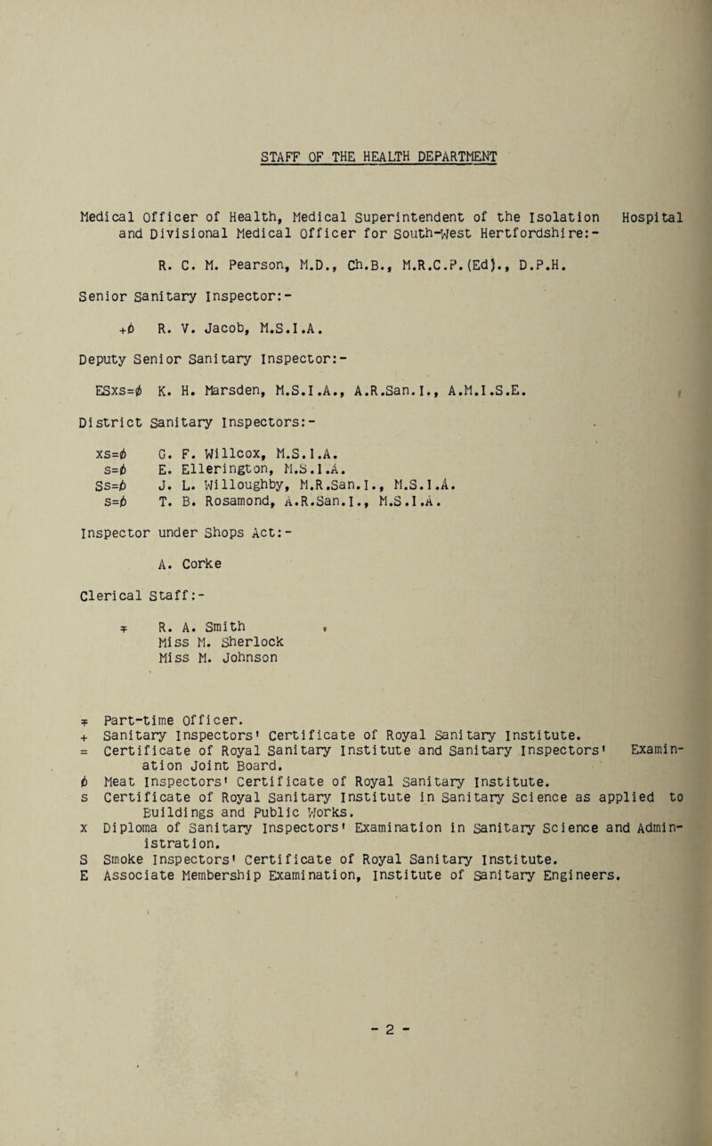 STAFF OF THE HEALTH DEPART^ENT Medical officer of Health, Medical Superintendent of the Isolation Hospital and Divisional Medical Officer for South-west Hertfordshire:- R. C. M. Pearson, M.D., Ch.B., M.R.C.P.(Ed)., D.P.H. Senior sanitary inspector:- +(!) R. V. Jacob, M.S.I.A. Deputy Senior Sanitary inspector:- ESxs=0 K. H. Marsden, M.S.I.A., A.R.San.I., A.M.I.S.E. District Sanitary inspectors:- xs=b G. F. Willcox, M.S.I.A. s=^ E. Ellerington, M.S.I.A. Ss=)6 J. L. Willoughby, M.R.San.I., M.S.I.A. s=)6 T. B. Rosamond, a.R.San.l., M.S.I.A. Inspector under Shops Act:- A. Corke Clerical Staff :- T R. A. Smith , Miss M. Sherlock Miss M. Johnson T Part-time Officer. + Sanitary inspectors' Certificate of Royal Sanitary institute. = Certificate of Royal Sanitary Institute and Sanitary inspectors' Examin¬ ation Joint Board, t Meat inspectors' Certificate of Royal Sanitary institute, s Certificate of Royal Sanitary Institute in Sanitary Science as applied to Buildings and public Works. X Diploma of Sanitary Inspectors' Examination in sanitary Science and Admin¬ istration. S Smoke Inspectors' Certificate of Royal Sanitary institute. E Associate Membership Examination, institute of sanitary Engineers.