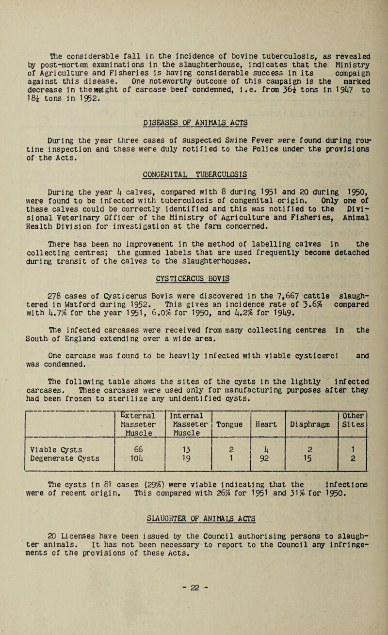 “Rie considerable fall in the Incidence of bovine tuberculosis, as revealed by post-mortem examinations in the slaughterhouse, indicates that the Ministry of Agriculture and Fisheries is having considerable success in its compaign against this disease. One noteworthy outcome of this campaign is the marked decrease in the weight of carcase beef condemned, i.e. from 36i tons in I9k7 to 18i tons in 1952. DISEASES OF ANIMALS ACTS During the year three cases of suspected Swine Fever were found during rou¬ tine inspection and these were duly notified to the Police under the provisions of the Acts. CONGENITAL TUBERCULOSIS During the year I4 calves, compared with 8 during 1951 and 20 during 1950, were found to be infected with tuberculosis of congenital origin. Only one of these calves could be correctly identified and this was notified to the Divi¬ sional Veterinary Officer of the Ministry of Agriculture and Fisheries, Animal Health Division for investigation at the farm concerned. There has been no improvement in the method of labelling calves in the collecting centres; the gummed labels that are used frequently become detached during transit of the calves to the slaughterhouses. CYSTICERCUS BOVIS 278 cases of Cysticerus Bovis were discovered in the 7,667 cattle slaugh¬ tered in Watford during 1952. This gives an incidence rate of 3.6% compared with k.7% for the year 1951, 6,0% for 1950, and k»2% for 1949. The infected carcases were received from many collecting centres In the South of England extending over a wide area. One carcase was found to be heavily infected with viable cysticerci and was condemned. The following table shows the sites of the cysts in the lightly infected carcases. These carcases were used only for manufacturing purposes after they had been frozen to sterilize any unidentified cysts. External Internal Other Masseter Muscle Masseter Muscle Tongue Heart Diaphragm Sites Viable Cysts 66 13 2 4 2 1 Degenerate Cysts 104 19 1 92 15 2 The cysts in 81 cases (29%) were viable indicating that the infections were of recent origin. This compared with 26% for 1951 and 31% for I950. SUUGHTER OF ANIMALS ACTS 20 Licenses have been issued by the Council authorising persons to slaugh¬ ter animals. It has not been necessary to report to the Council any infringe¬ ments of the provisions of these Acts.