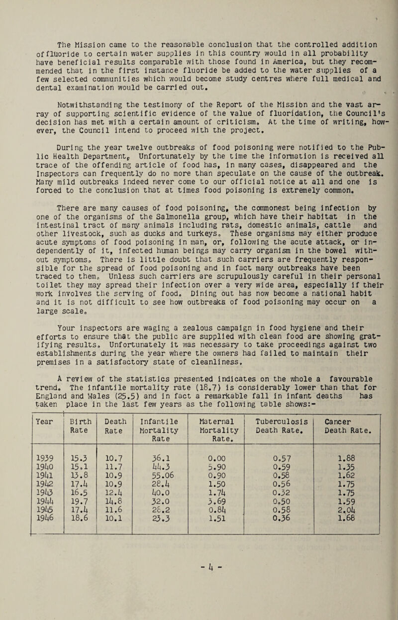 The Mission came to the reasonable conclusion that the controlled addition of fluoride to certain water supplies in this country would in all probability have beneficial results comparable with those found in America, but they recom¬ mended that in the first instance fluoride be added to the water supplies of a few selected communities which would become study centres where full medical and dental examination would be carried out. Notwithstanding the testimony of the Report of the Mission and the vast ar¬ ray of supporting scientific evidence of the value of fluoridation, the Council's decision has met with a certain amount of criticism. At the time of writing, how¬ ever, the Council intend to proceed with the project. During the year twelve outbreaks of food poisoning were notified to the Pub¬ lic Health Department^ Unfortunately by the time the information is received all trace of the offending article of food has, in many cases, disappeared and the Inspectors can frequently do no more than speculate on the cause of the outbreak. Many mild outbreaks indeed never come to our official notice at all and one is forced to the conclusion that at times food poisoning is extremely common. There are many causes of food poisoning, the commonest being infection by one of the organisms of the Salmonella group, which have their habitat in the intestinal tract of many animals including rats, domestic animals, cattle and other livestock, such as ducks and turkeys. These organisms may either produce acute symptoms of food poisoning in man, or, following the acute attack, or in¬ dependently of it. Infected human beings may carry organism in the bowel with¬ out symptoms. There is little doubt that such carriers are frequently respon¬ sible for the spread of food poisoning and in fact many outbreaks have been traced to them. Unless such carriers are scrupulously careful in their personal toilet they may spread their infection over a very wide area, especially if their work involves the serving of food. Dining out has now become a national habit and it is not difficult to see how outbreaks of food poisoning may occur on a large scale. Your inspectors are waging a zealous campaign in food hygiene and their efforts to ensure that the public are supplied with clean food are showing grat¬ ifying results. Unfortunately it was necessary to take proceedings against two establishments during the year where the owners had failed to maintain their premises in a satisfactory state of cleanliness, A review of the statistics presented indicates on the whole a favourable trend. The infantile mortality rate (18,7) is considerably lower than that for England and Wales (25.5) and in fact a remarkable fall in infant deaths has taken place in the last few years as the following table shows:- Year Birth Rate Death Rate Infantile Mortality Rate Maternal Mortality Rate. Tuberculosis Death Rate. Cancer Death Rate. 1939 15.3 10.7 36.1 0.00 0.57 1.88 19^0 15,1 11.7 hh.3 5.90 0.59 1.35 19^41 13.8 10.9 55.06 0.90 0.58 1.62 19h2 17.^ 10.9 28,h 1.50 0.56 1.75 19^ 16.5 12.k ko.o l.lh 0.32 1.75 19i+l4 19.7 Ih.B 32.0 3.69 0,50 1.59 I9h5 ll.h 11.6 28.2 OM 0.58 2^0h I9k6 18.6 10.1 23.3 1.51 0.36 1.68