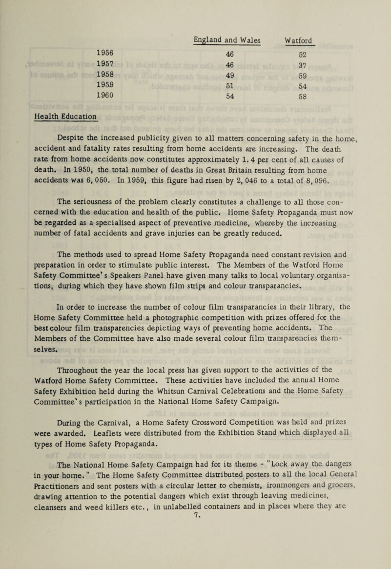 England and Wales Watford 1956 46 52 1957 46 37 1958 49 59 1959 51 54 1960 54 58 Health Education Despite the increased publicity given to all matters concerning safety in the home, accident and fatality rates resulting from home accidents are increasing. The death rate from home accidents novr constitutes approximately 1.4 per cent of all causes of death. In 1950, the total number of deaths in Great Britain resulting from home accidents was 6, 050. In 1959, this figure had risen by 2, 046 to a total of 8, 096. The seriousness of the problem clearly constitutes a challenge to all those con¬ cerned with the education and health of the public. Home Safety Propaganda must now be regarded as a specialised aspect of preventive medicine, whereby the increasing number of fatal accidents and grave injuries can be greatly reduced. The methods used to spread Home Safety Propaganda need constant revision and preparation in order to stimulate public interest. The Members of the Watford Home Safety Committee's Speakers Panel have given many talks to local voluntary organisa¬ tions, during which they have shown film strips and colour transparancies. In order to increase the number of colour film transparancies in their library, the Home Safety Committee held a photographic competition with prizes offered for the best colour film transparencies depicting ways of preventing home accidents. The Members of the Committee have also made several colour film transparencies them¬ selves. Throughout the year the local press has given support to the activities of the Watford Home Safety Committee. These activities have included the annual Home Safety Exhibition held during the Whitsun Carnival Celebrations and the Home Safety Committee* s participation in the National Home Safety Campaign. During the Carnival, a Home Safety Crossword Competition was held and prizes were awarded. Leaflets were distributed from the Exhibition Stand which displayed all types of Home Safety Propaganda. The National Home Safety Campaign had for its theme - Lock away the dangers in your home. The Home Safety Committee distributed posters to all the local General Practitioners and sent posters with a circular letter to chemists, ironmongers and grocers, drawing attention to the potential dangers which exist through leaving medicines, cleansers and weed killers etc., in unlabelled containers and in places where they are