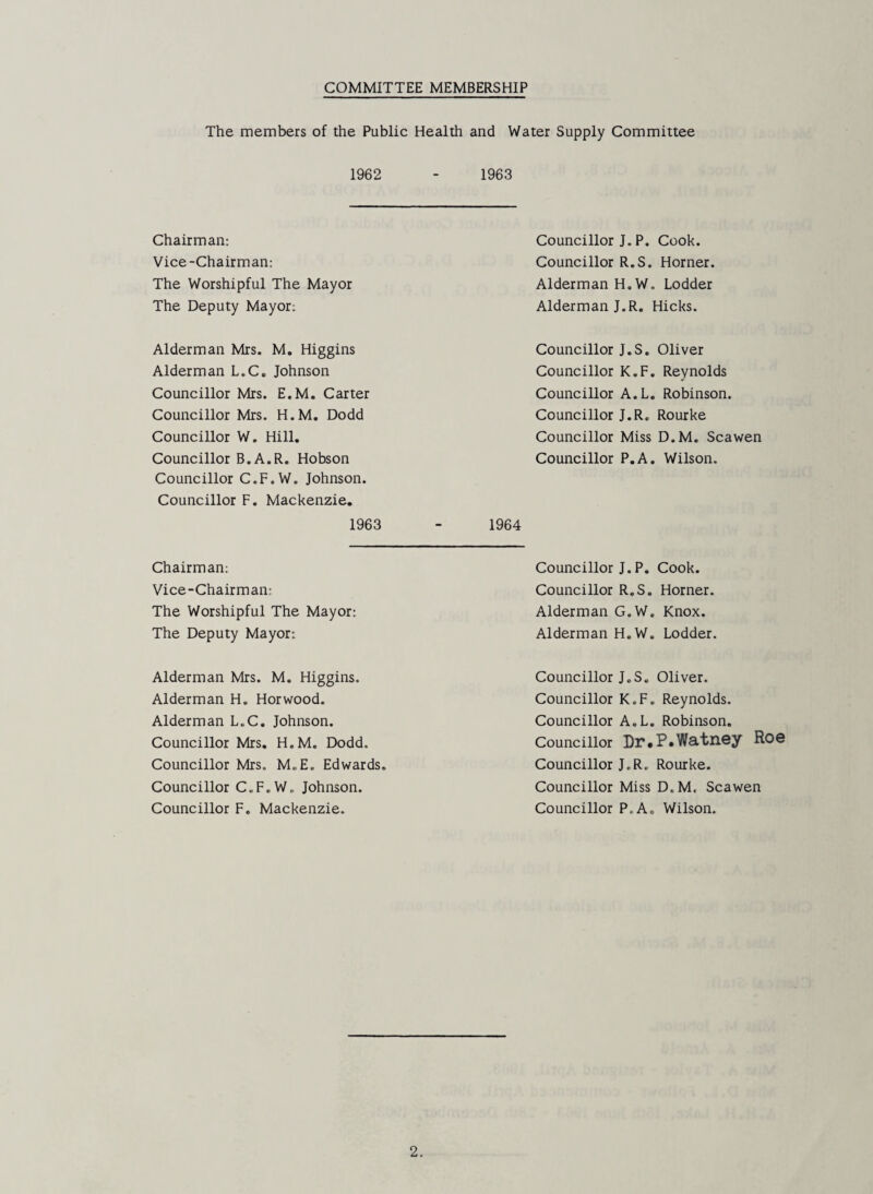 COMMITTEE MEMBERSHIP The members of the Public Health and Water Supply Committee 1962 - 1963 Chairman: Vice-Chairman: The Worshipful The Mayor The Deputy Mayor: Alderman Mrs. M. Higgins Alderman L.C. Johnson Councillor Mrs. E.M. Carter Councillor Mrs. H.M. Dodd Councillor W. Hill. Councillor B.A.R. Hobson Councillor C.F.W. Johnson. Councillor F. Mackenzie. 1963 Councillor J. P. Cook. Councillor R.S. Horner. Alderman H.W. Lodder Alderman J.R. Hicks. Councillor J.S. Oliver Councillor K.F. Reynolds Councillor A.L. Robinson. Councillor J.R. Rourke Councillor Miss D.M. Scawen Councillor P.A. Wilson. 1964 Chairman: Vice-Chairman: The Worshipful The Mayor: The Deputy Mayor: Alderman Mrs. M. Higgins. Alderman H. Horwood. Alderman L.C. Johnson. Councillor Mrs, H.M. Dodd. Councillor Mrs. M„E. Edwards Councillor C.F.W., Johnson. Councillor F. Mackenzie. Councillor J. P. Cook. Councillor R.S. Horner. Alderman G.W. Knox. Alderman H.W. Lodder. Councillor J.S. Oliver. Councillor K.F. Reynolds. Councillor A.L. Robinson. Councillor ])r«P»Watiiey Roe Councillor J.R. Rourke. Councillor Miss D.M. Scawen Councillor P.A, Wilson.