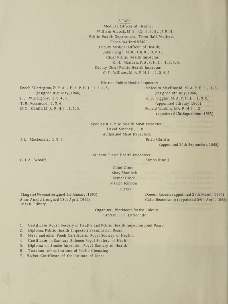 STAFF Medical Officer of Health : William Alcock, M. B. , Ch. B, B. Hv, ,D. P. H. Public Health Department, Town Hall, Watford. Phone Watford 26400. Deputy Medical Officer of Health: John Sleigh, M. B. , Ch. B,, D. P. H. Chief Public Health Inspector: K. H. Marsden, F. A. P. H. I. , 1,3, 4, 5, Deputy Chief Public Health Inspector: G. F. Willcox, M. A. P. H. I. , 1,3, 4, 5. District Public Health Inspectors : Enoch Ellerington, D. P. A. , F. A. P. H. I. , 1,3, 4, 5, (resigned 31st May, 1965) J. L. Willoughby, 1,3,4, 5, T. B. Rosamond, 1,3,4. D. C. Cahill, M. A. P. H. I. , 1,3, 5. Malcolm MacDonald, M. A. P. H. I., 1, 3. (resigned 5th July, 1965) W.S. Biggins, M, A, P. H. I. , 1,3,6, (appointed 5th July, 1965) Ronald Watkins, MA. P. H. I. , 2. (appointed 13ihSeptember, 1965) Specialist Public Health Meat Inspector ; David Mitchell, 1,3, Authorised Meat Inspectors: J. L. Mackenzie, 1,3,7. Brian Christie (appointed 20th September, 1965) G. J.A. Woolfe Student Public Health Inspectors : Simon Bissell Chief Clerk: Mary Sherlock Senior Clerk: Marion Johnson Clerks: MargaretPirouet(resigned 1st January, 1965) Doreen Roberts (appointed 29th March, 1965) Anne Arnold (resigned 18th April, 1965) Celia Beauchamp (appointed 26th April, 1965) Mavis Tilbury. Organiser, Workroom for the Elderly: Captain T. B. Littlechild 1. Certificate Royal Society of Health and Public Health Inspectors Joint Board. 2. Diploma, Public Health Inspectors Examination Board 3. Meat and other Foods Certificate, Royal Society of Health. 4 Certificate in Sanitary Science Royal Society of Health. 5. Diploma in Smoke Inspection Royal Society of Health. 6. Testamur of the Institute of Public Cleansing. 7. Higher Certificate of the Institute of Meat.